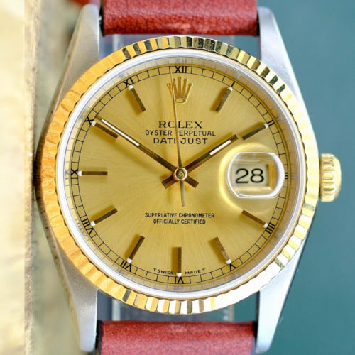 ROLEX DATEJUST CHAMPAGNE INDEX DIAL RED LEATHER 16233 - Luxuriant Concierge