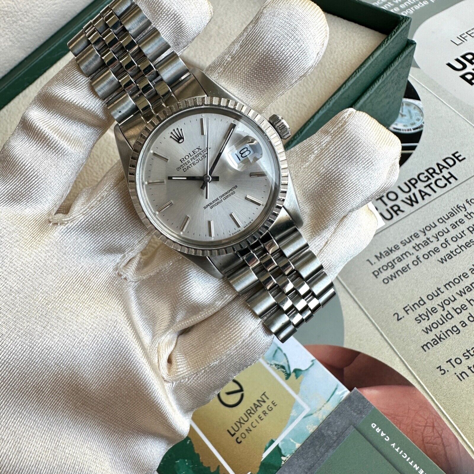 ROLEX DATEJUST SILVER INDEX DIAL JUBILEE WATCH 16030 - Luxuriant Concierge