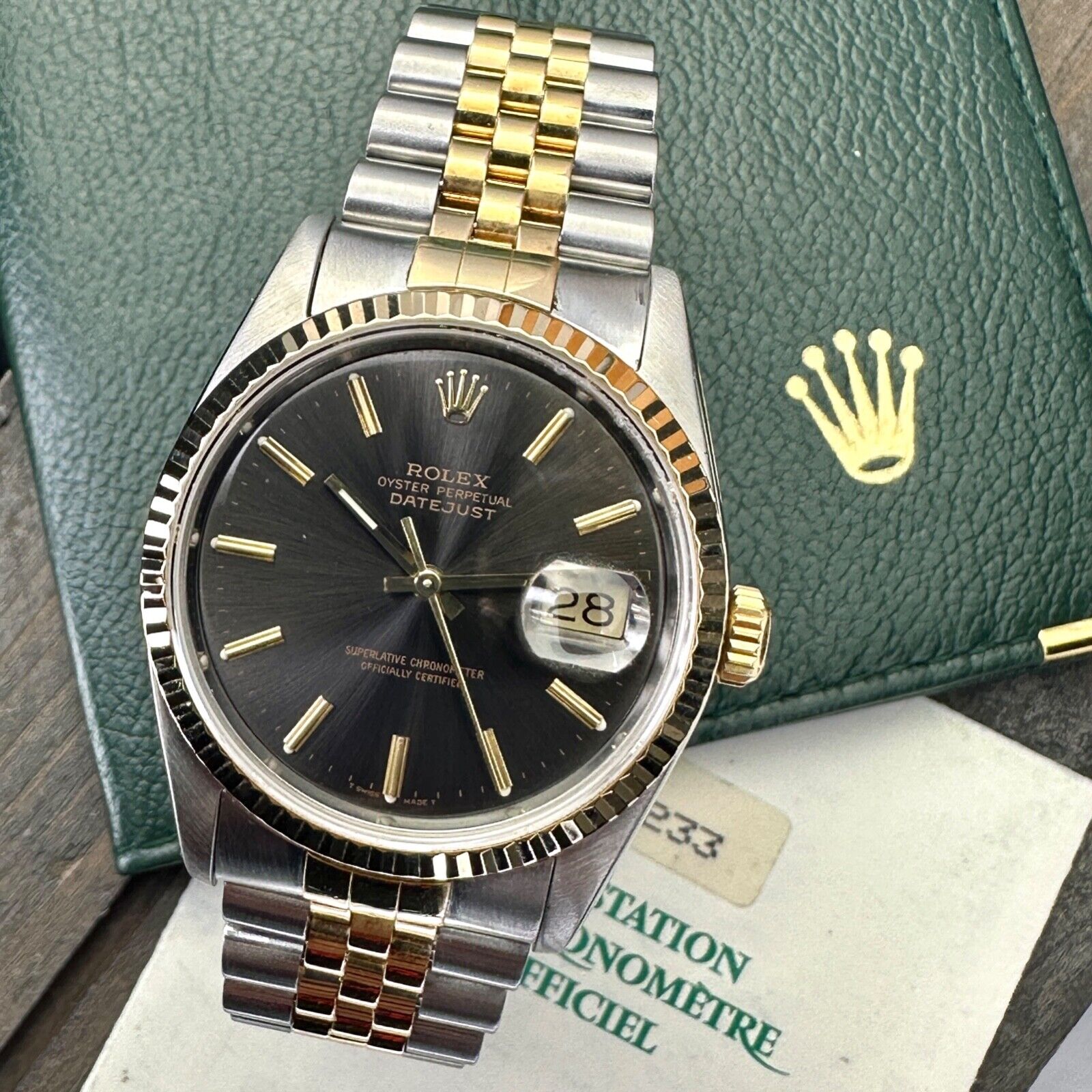 ROLEX DATEJUST RARE BLACK-GRAY DIAL GOLD & STEEL JUBILEE 16233 BOX&PAPER - Luxuriant Concierge