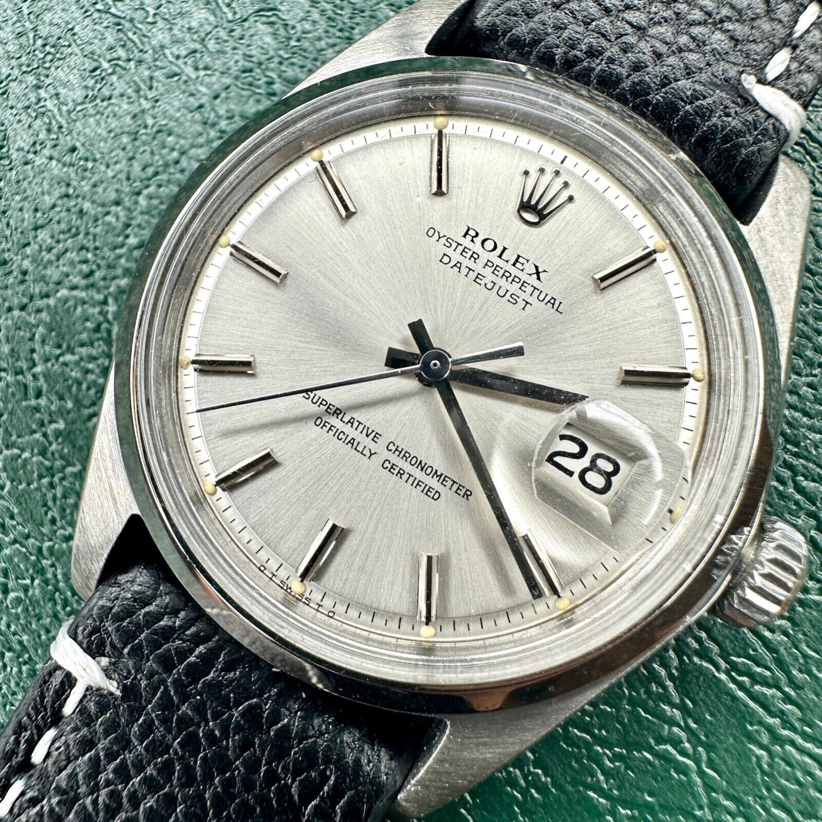 ROLEX DATEJUST SILVER "SIGMA" INDEX DIAL BLACK LEATHER WATCH 1601 - Luxuriant Concierge