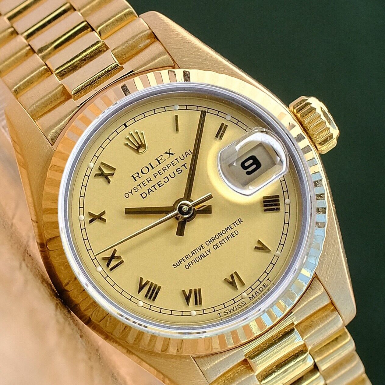 ROLEX DATEJUST CHAMPAGNE ROMAN DIAL 18K YELLOW GOLD PRESIDENT 69178 - Luxuriant Concierge