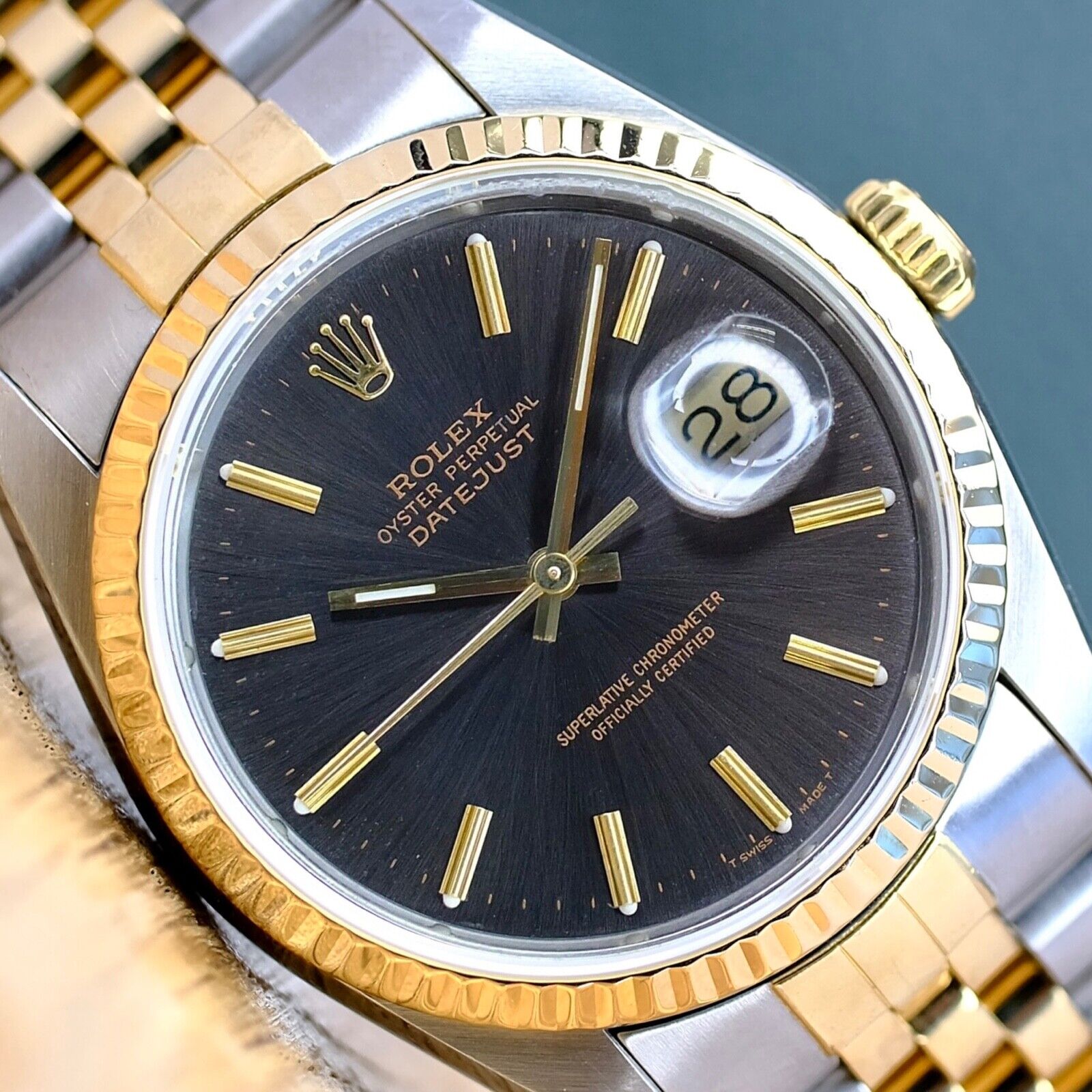 ROLEX DATEJUST RARE BLACK-GRAY DIAL GOLD & STEEL JUBILEE 16233 BOX&PAPER - Luxuriant Concierge