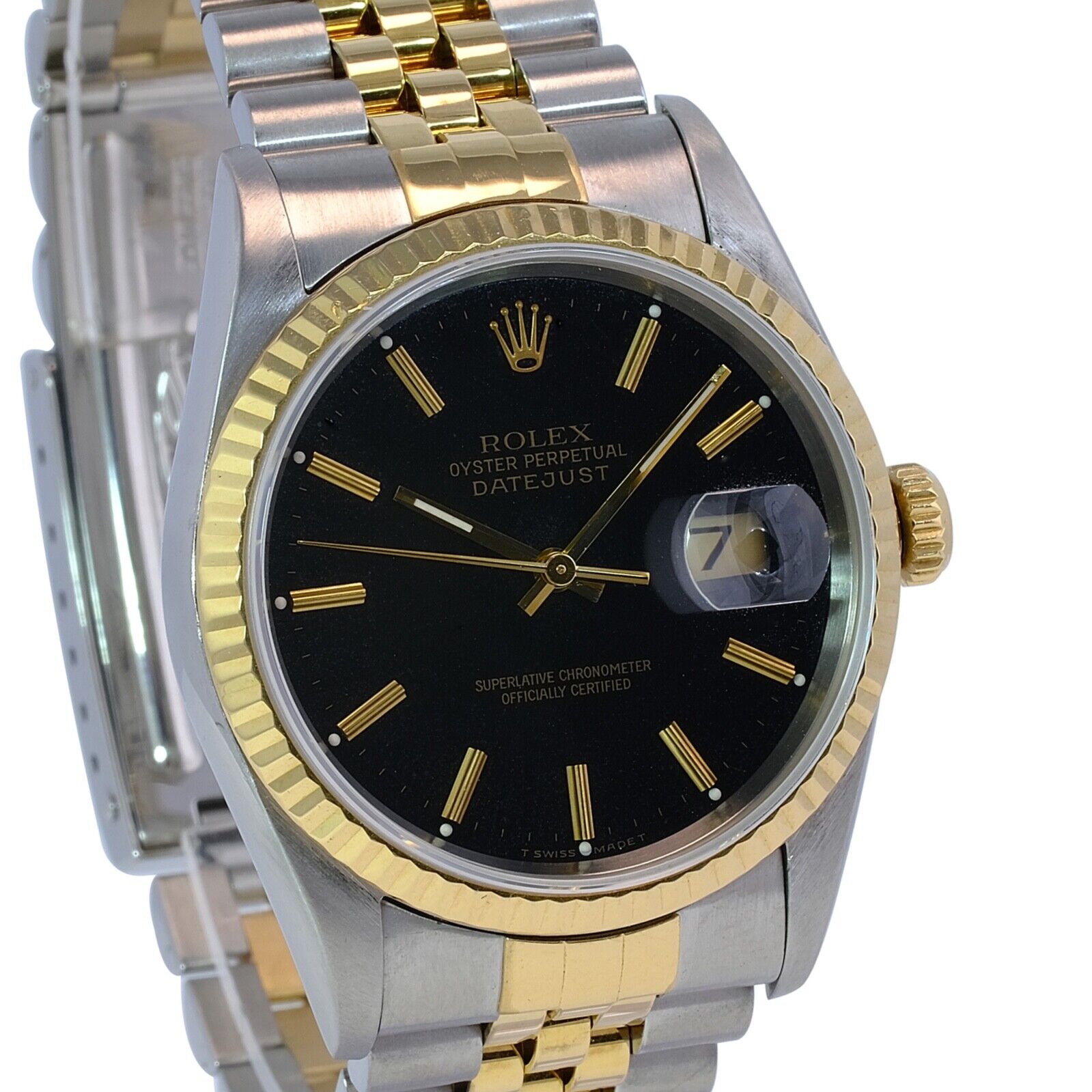 ROLEX DATEJUST BLACK ROMAN-INDEX DIAL 18K GOLD & STEEL JUBILEE 16233 - Luxuriant Concierge