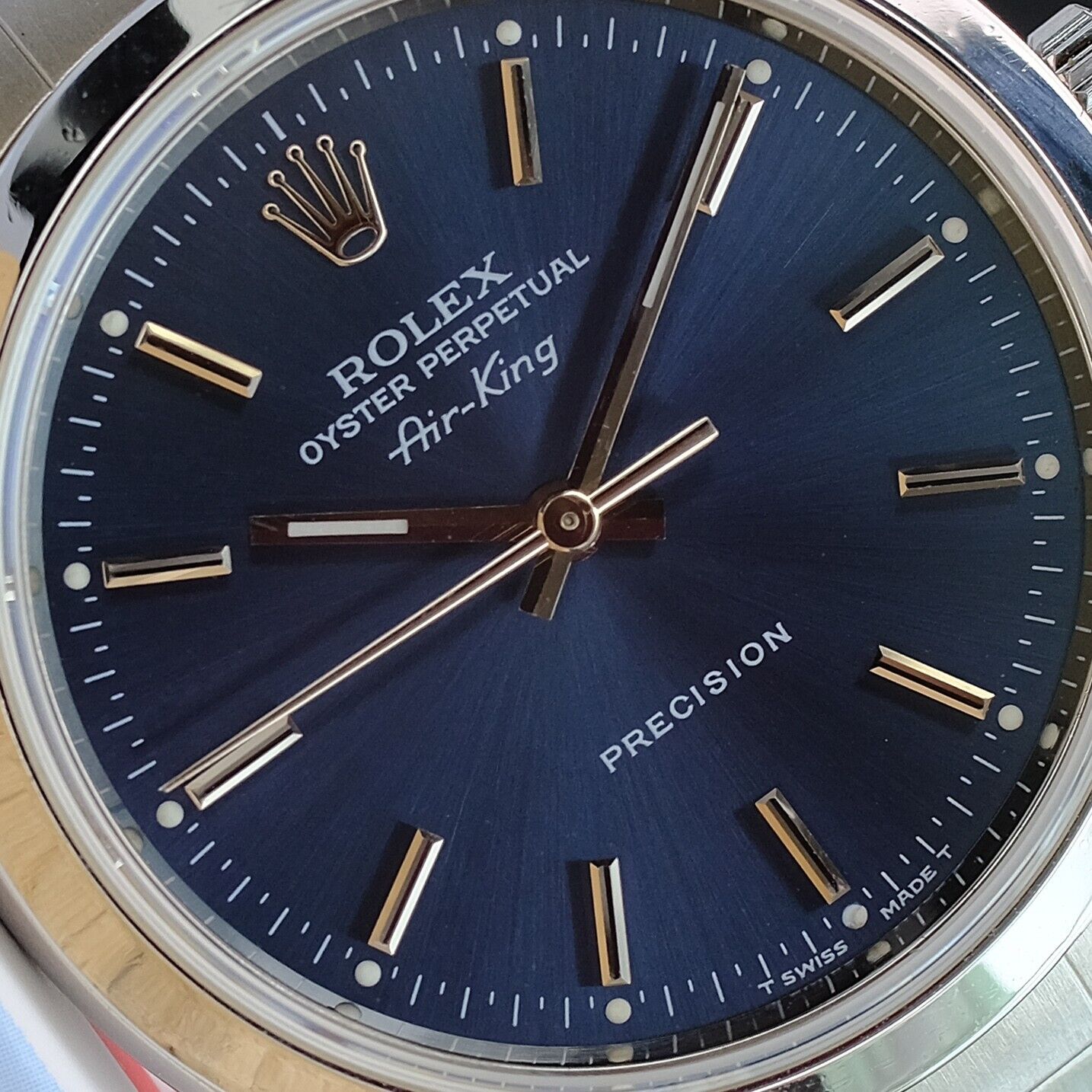 ROLEX MENS AIR-KING WATCH 14000 STAINLESS STEEL BLUE DIAL DOMED 34MM - Luxuriant Watch Concierge