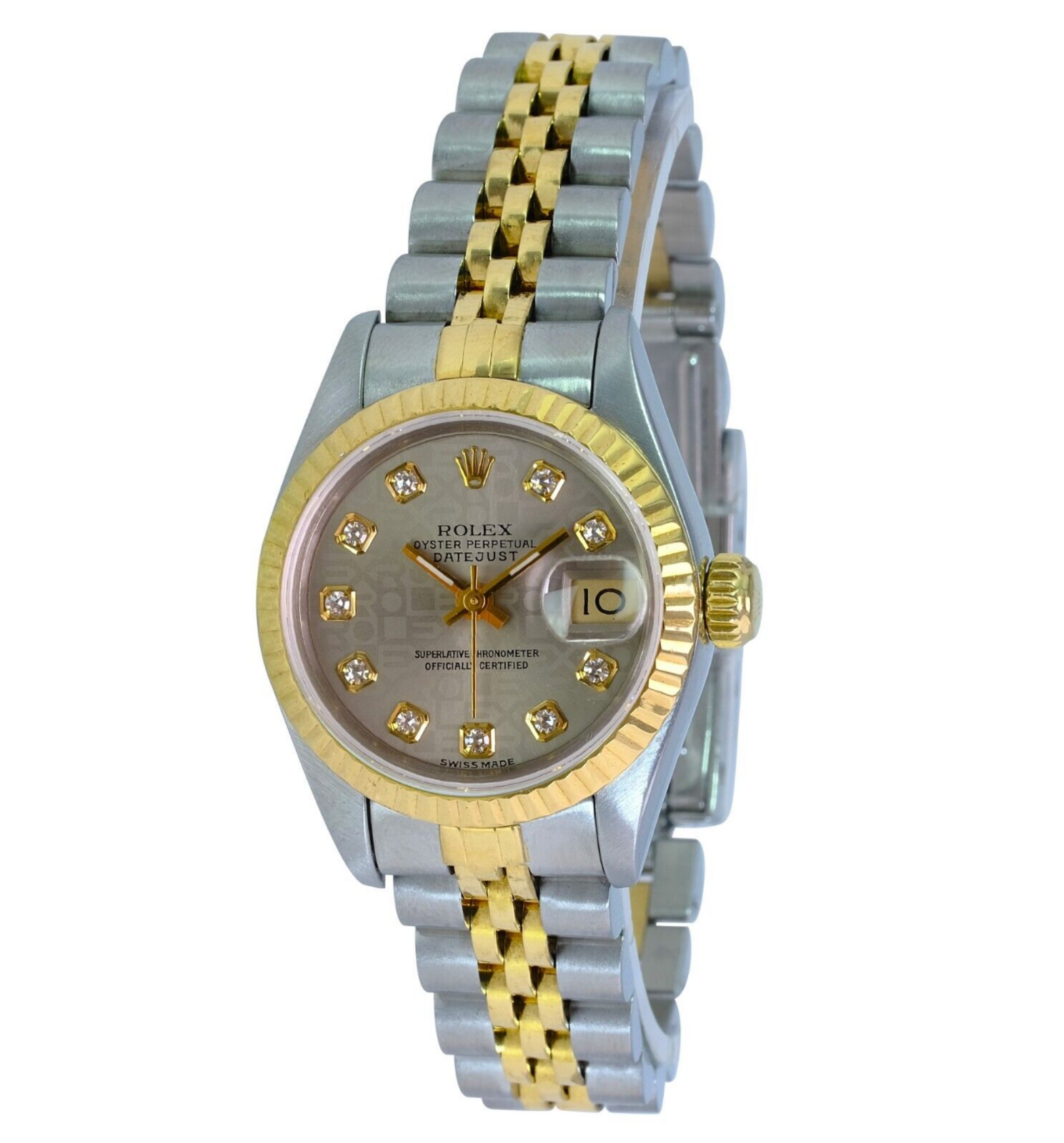 Rolex Lady Datejust 69173 Factory Grey Diamond Dial 18ky Fluted Bezel 26mm Watch - luxuriantconcierge