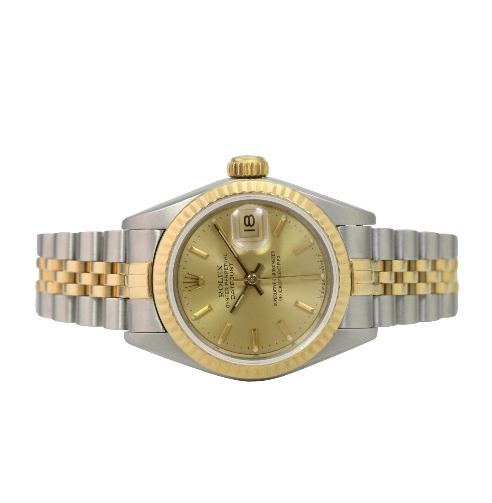 Rolex Datejust Ladies 18ky Gold & SS Champagne Dial Fluted Jubilee Watch 69173 - luxuriantconcierge