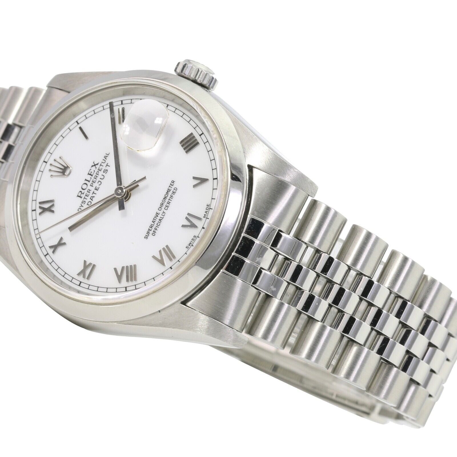 ROLEX DATEJUST WHITE SKINNY ROMAN DIAL JUBILEE WATCH 16200 BOX&PAPER - Luxuriant Concierge