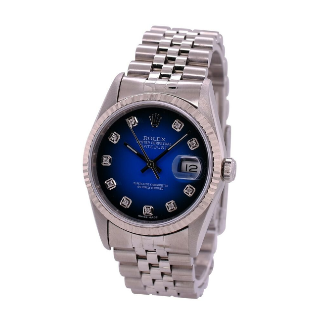 ROLEX DATEJUST RARE BLUE VIGNETTE DIAMOND DIAL JUBILEE 16220 BOX&PAPER - Luxuriant Concierge