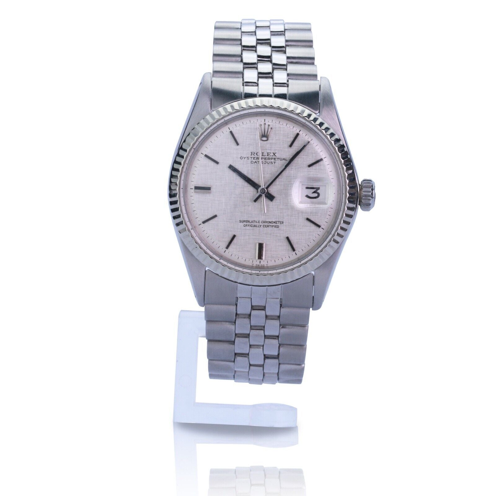 ROLEX DATEJUST SILVER LINEN INDEX DIAL STEEL JUBILEE WATCH 1601 - Luxuriant Concierge