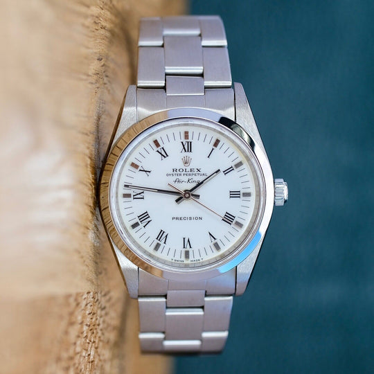 ROLEX AIR-KING WHITE INDEX ROMAN OYSTER BAND 14000 W/ BOX & PAPER - Luxuriant Watch Concierge