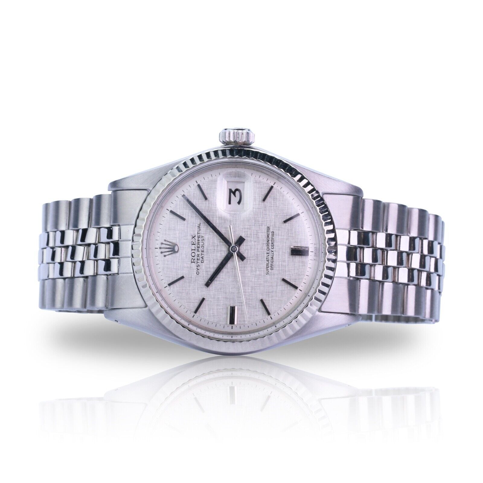 ROLEX DATEJUST SILVER LINEN INDEX DIAL STEEL JUBILEE WATCH 1601 - Luxuriant Concierge