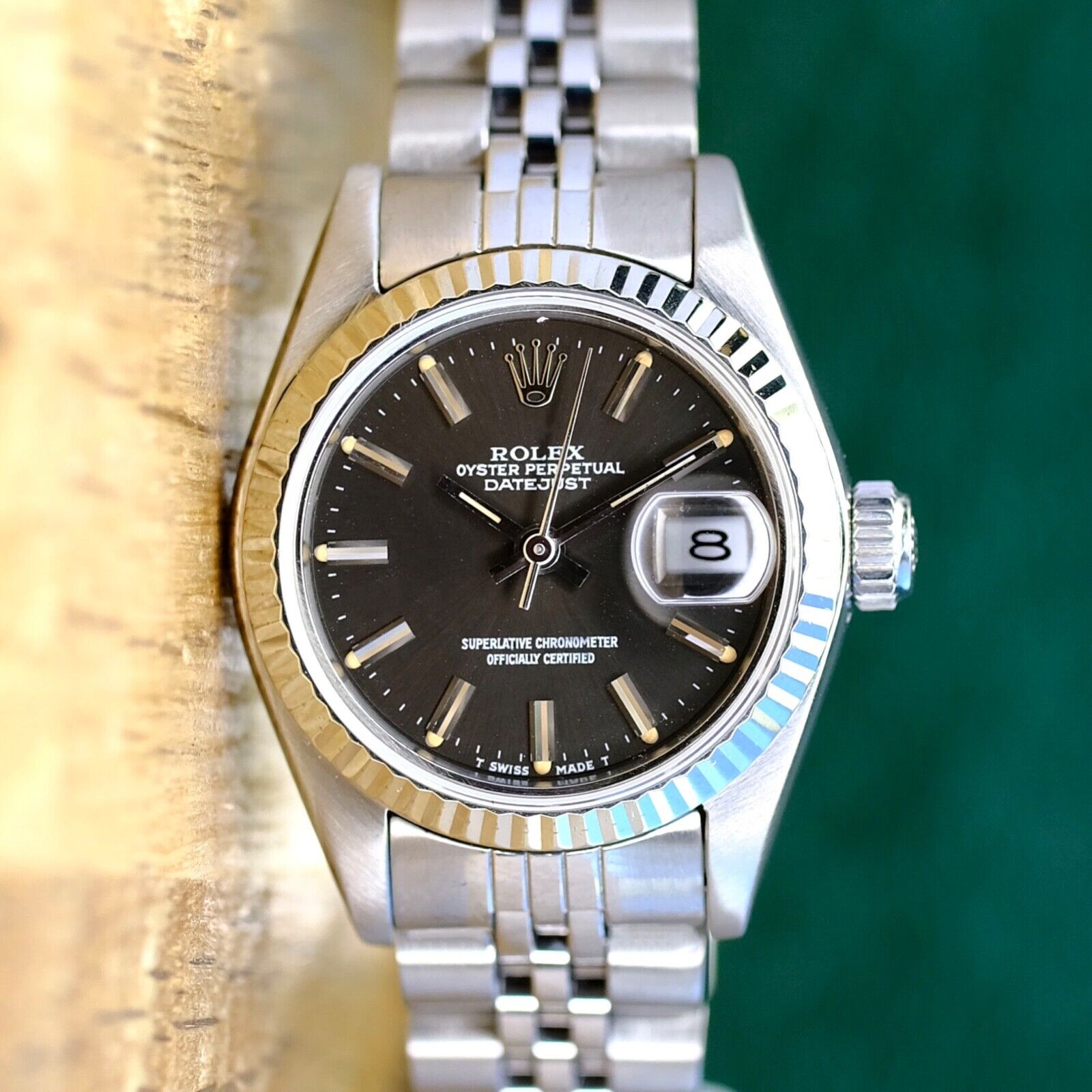 ROLEX DATEJUST GRAY INDEX DIAL STEEL JUBILEE WATCH 69174 BOX&PAPER - Luxuriant Concierge