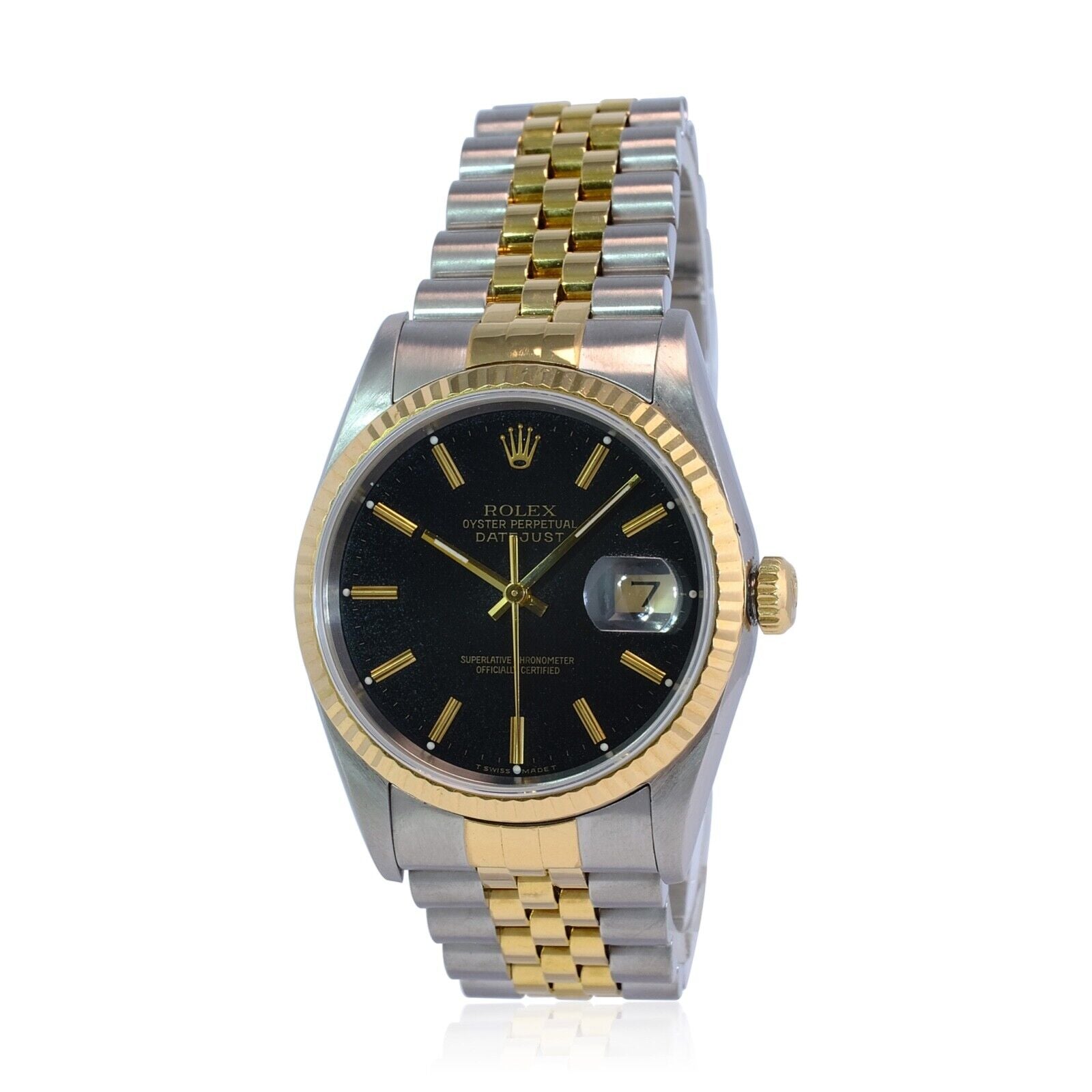 ROLEX DATEJUST BLACK ROMAN-INDEX DIAL 18K GOLD & STEEL JUBILEE 16233 - Luxuriant Concierge