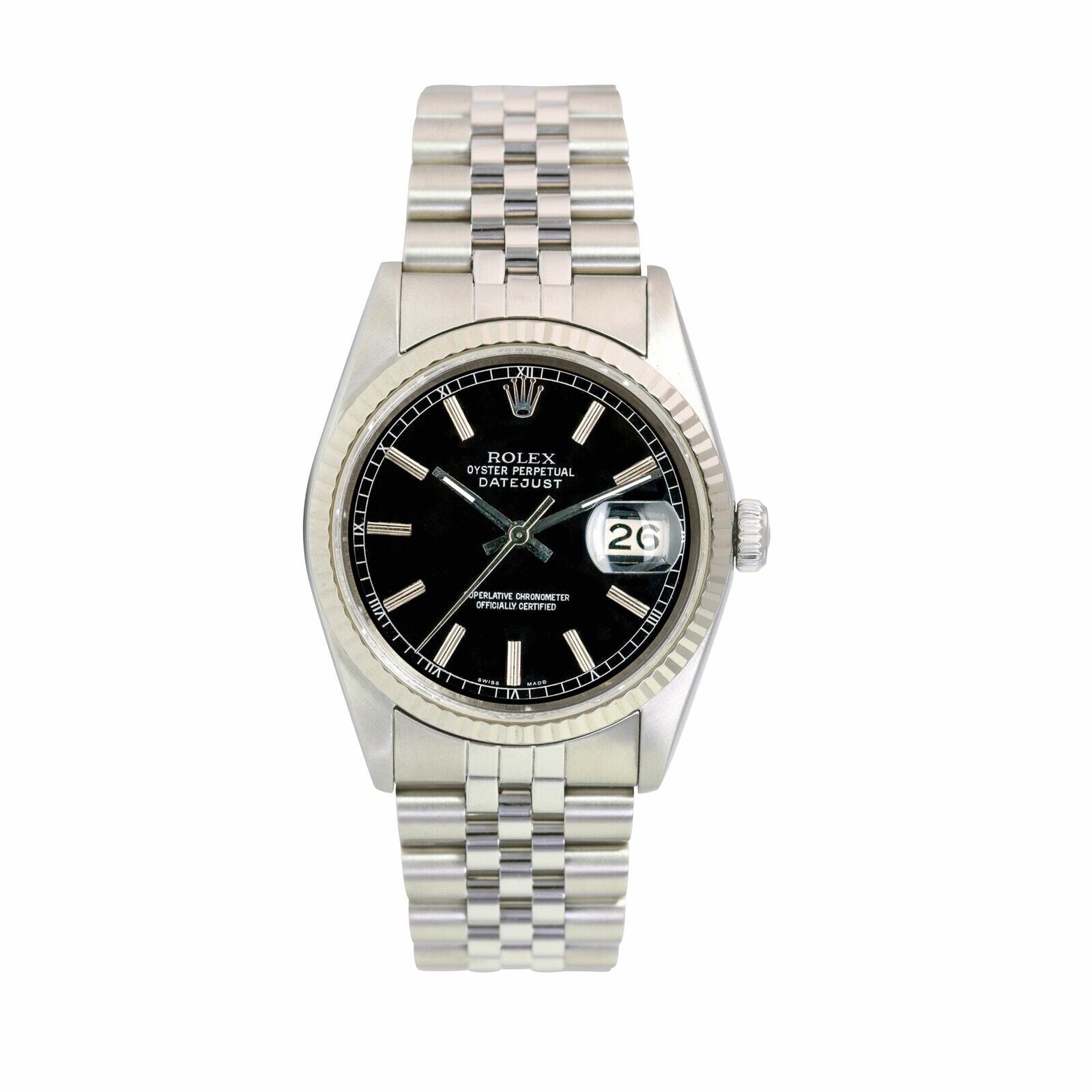 ROLEX DATEJUST BLACK INDEX DIAL STEEL JUBILEE WATCH 16030 - Luxuriant Concierge