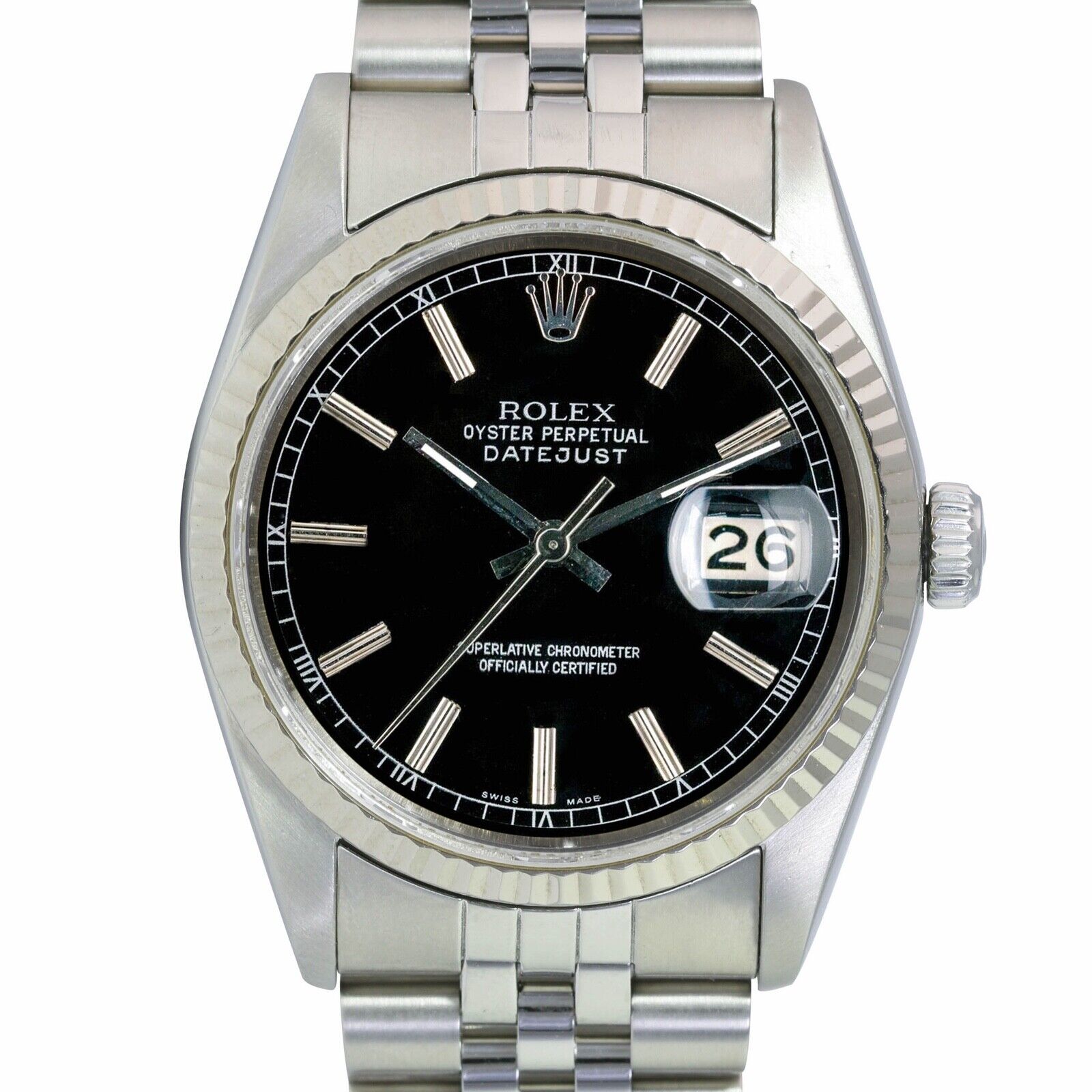 ROLEX DATEJUST BLACK INDEX DIAL STEEL JUBILEE WATCH 16030 - Luxuriant Concierge