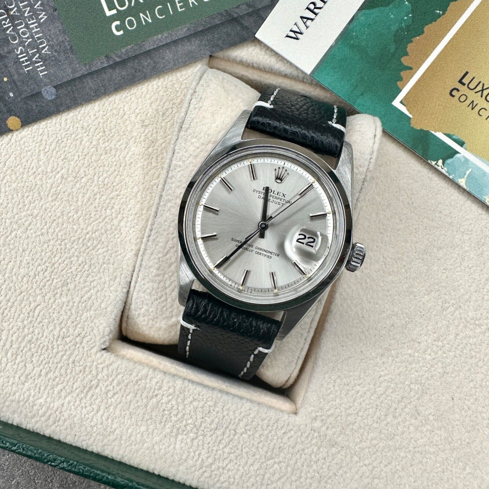 ROLEX DATEJUST SILVER "SIGMA" INDEX DIAL BLACK LEATHER WATCH 1601 - Luxuriant Concierge