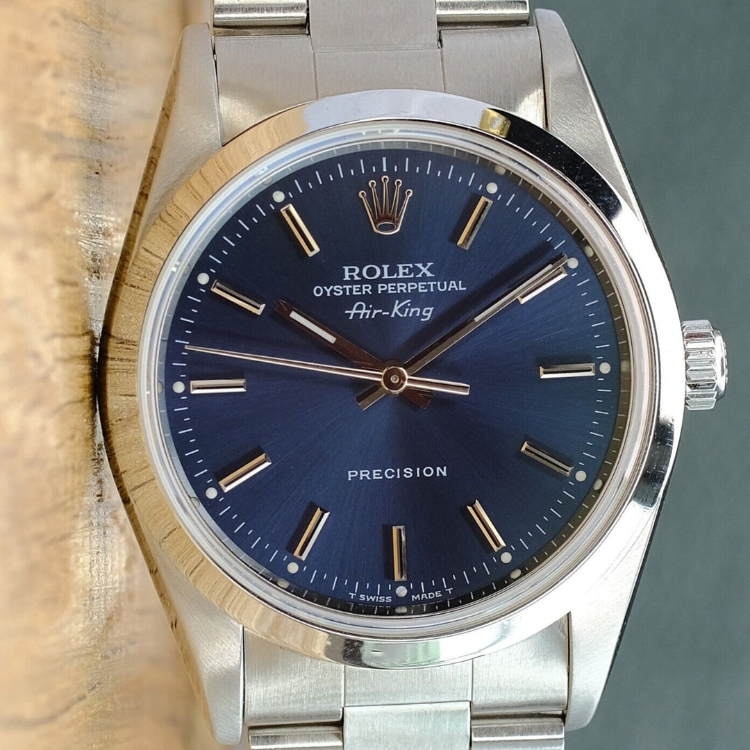 ROLEX MENS AIR-KING WATCH 14000 STAINLESS STEEL BLUE DIAL DOMED 34MM - Luxuriant Watch Concierge