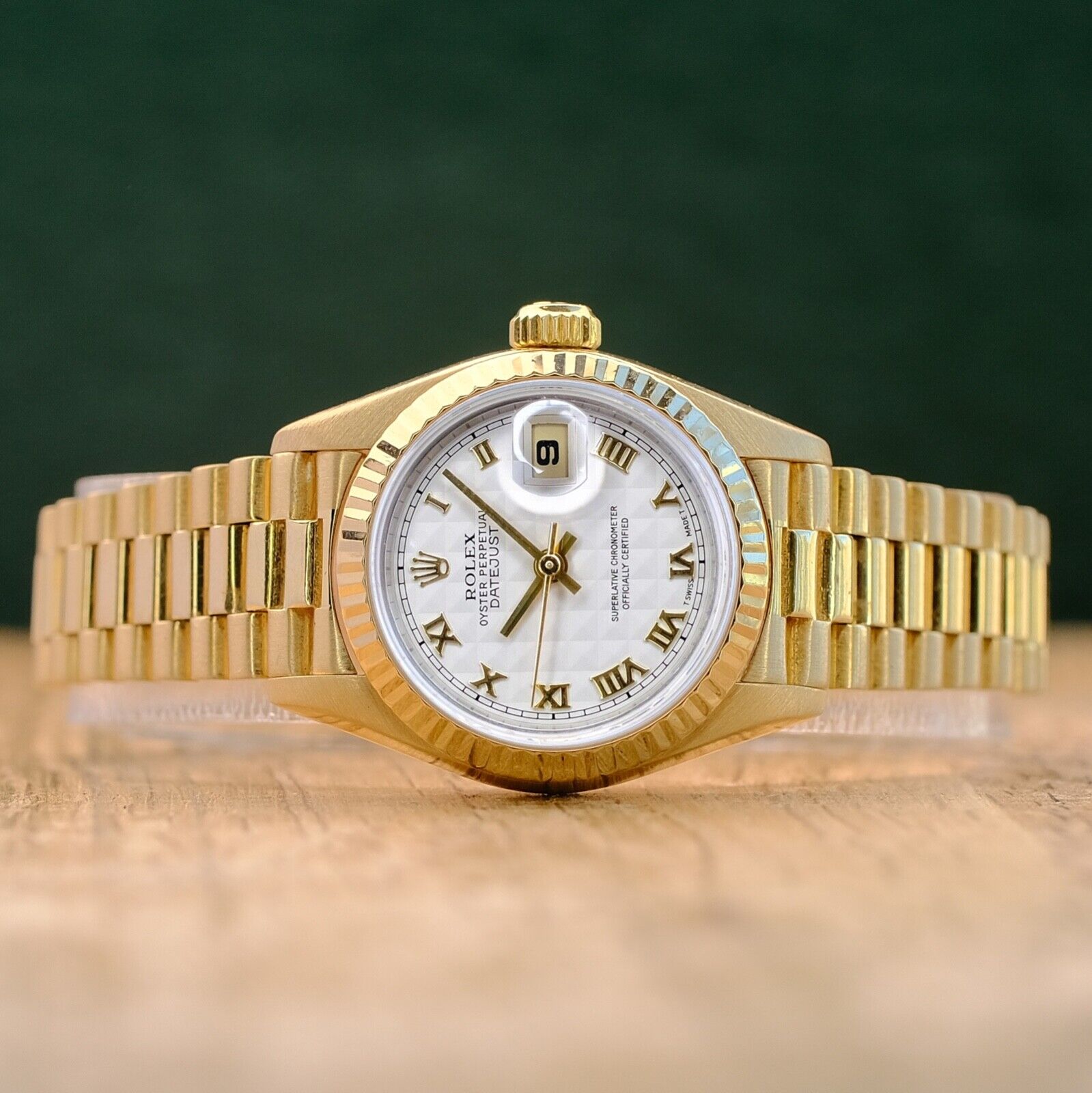 ROLEX DATEJUST CREAM PYRAMID ROMAN DIAL 18K YELLOW GOLD PRESIDENT 69178 - Luxuriant Concierge