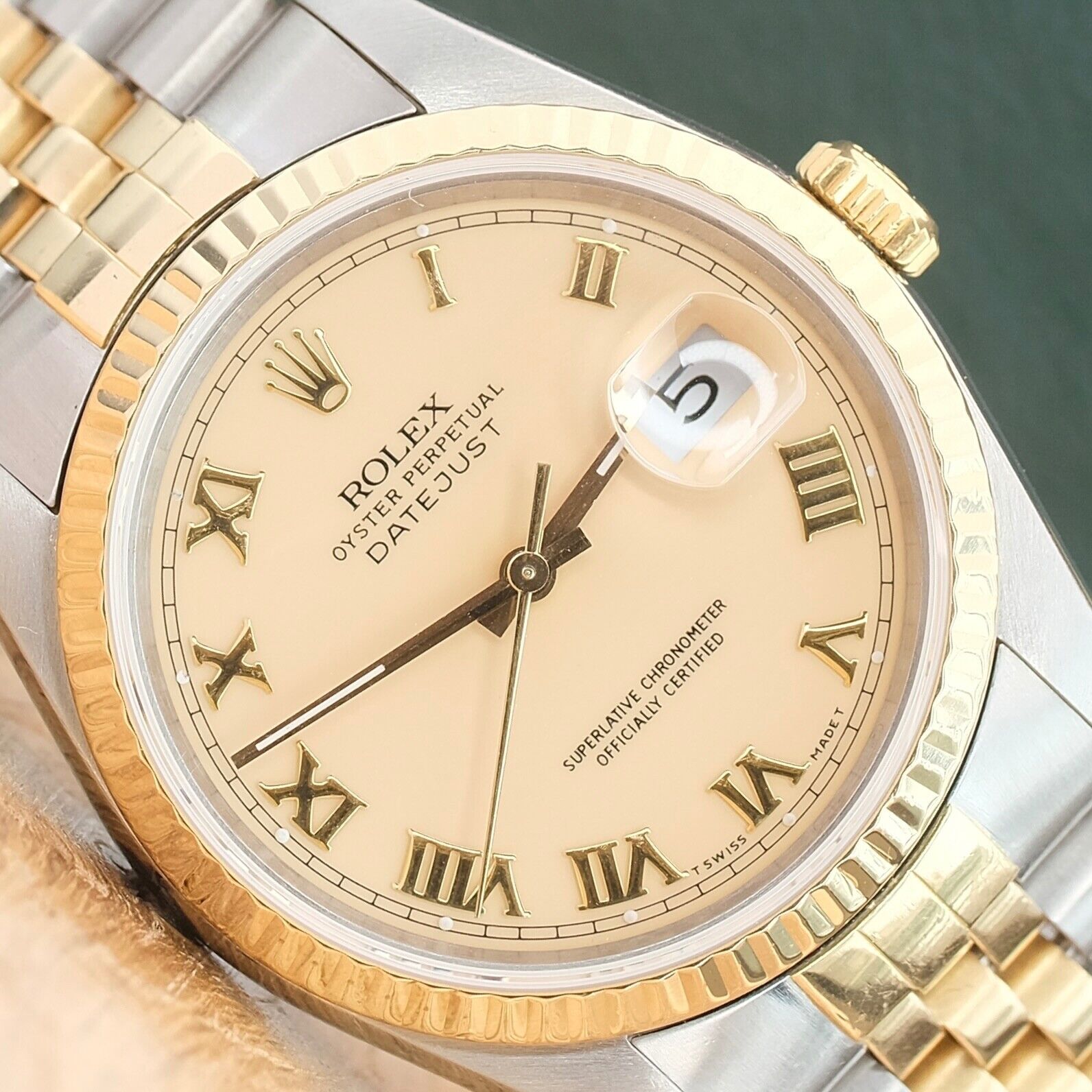 ROLEX DATEJUST IVORY ROMAN DIAL 18KY-STEEL JUBILEE 16233 BOX&PAPER - Luxuriant Concierge