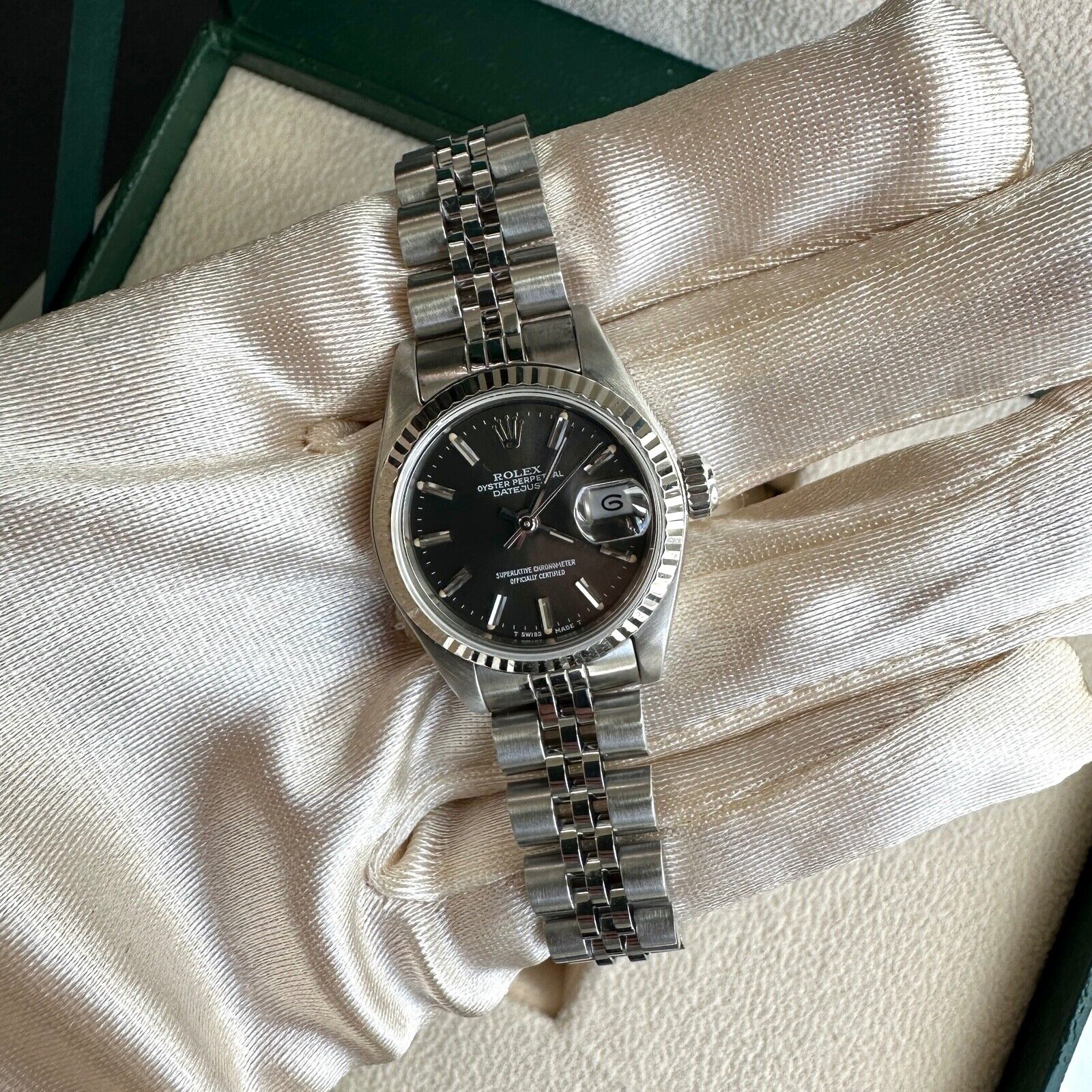 ROLEX DATEJUST GRAY INDEX DIAL STEEL JUBILEE WATCH 69174 BOX&PAPER - Luxuriant Concierge