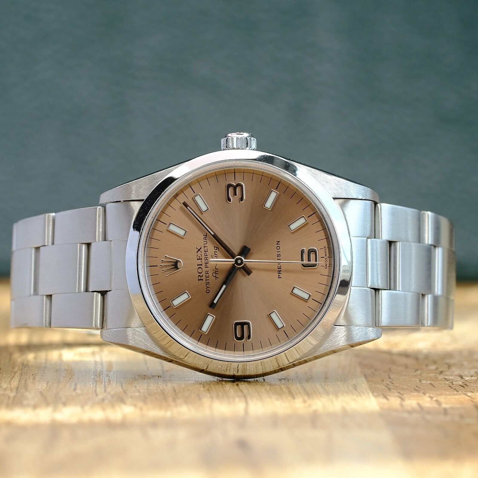 ROLEX AIR-KING SALMON ARABIC-INDEX OYSTER BAND 14000 W/ BOX & PAPER - Luxuriant Watch Concierge