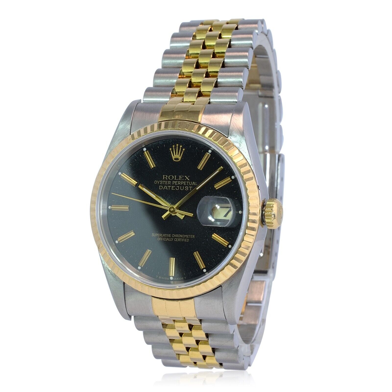 ROLEX DATEJUST BLACK ROMAN-INDEX DIAL 18K GOLD & STEEL JUBILEE 16233 - Luxuriant Concierge