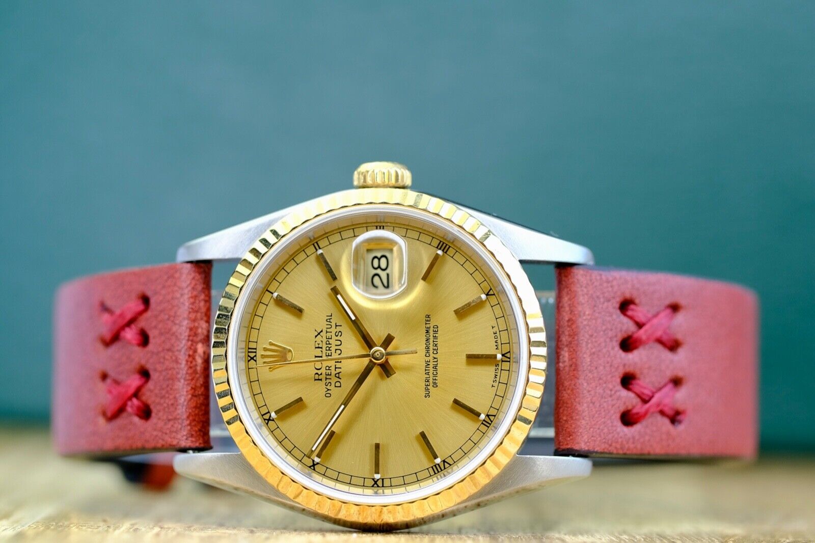 ROLEX DATEJUST CHAMPAGNE INDEX DIAL RED LEATHER 16233 BOX&PAPER - Luxuriant Concierge