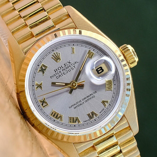 ROLEX DATEJUST GRAY ROMAN DIAL 18K YELLOW GOLD PRESIDENT 69178 - Luxuriant Concierge