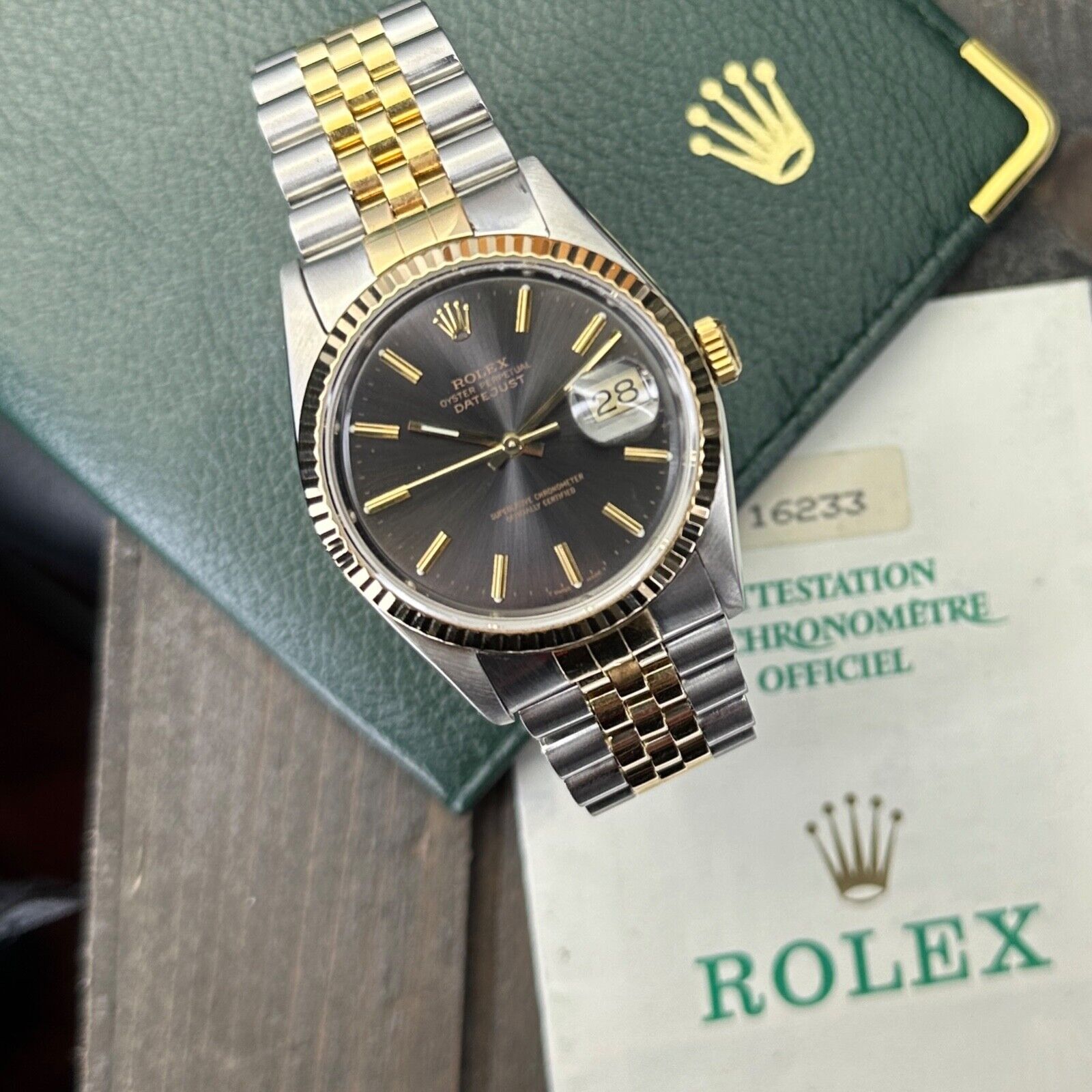 ROLEX DATEJUST RARE BLACK-GRAY INDEX DIAL 18K GOLD & STEEL JUBILEE 16233 - Luxuriant Concierge