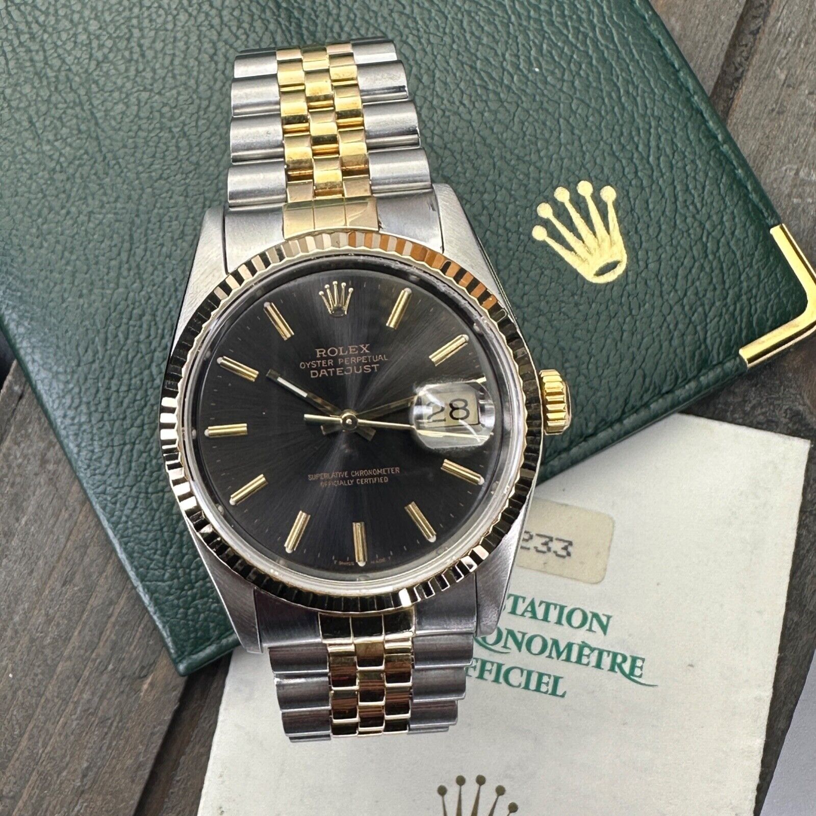 ROLEX DATEJUST RARE BLACK-GRAY DIAL GOLD & STEEL JUBILEE 16233 BOX&PAPER - Luxuriant Concierge