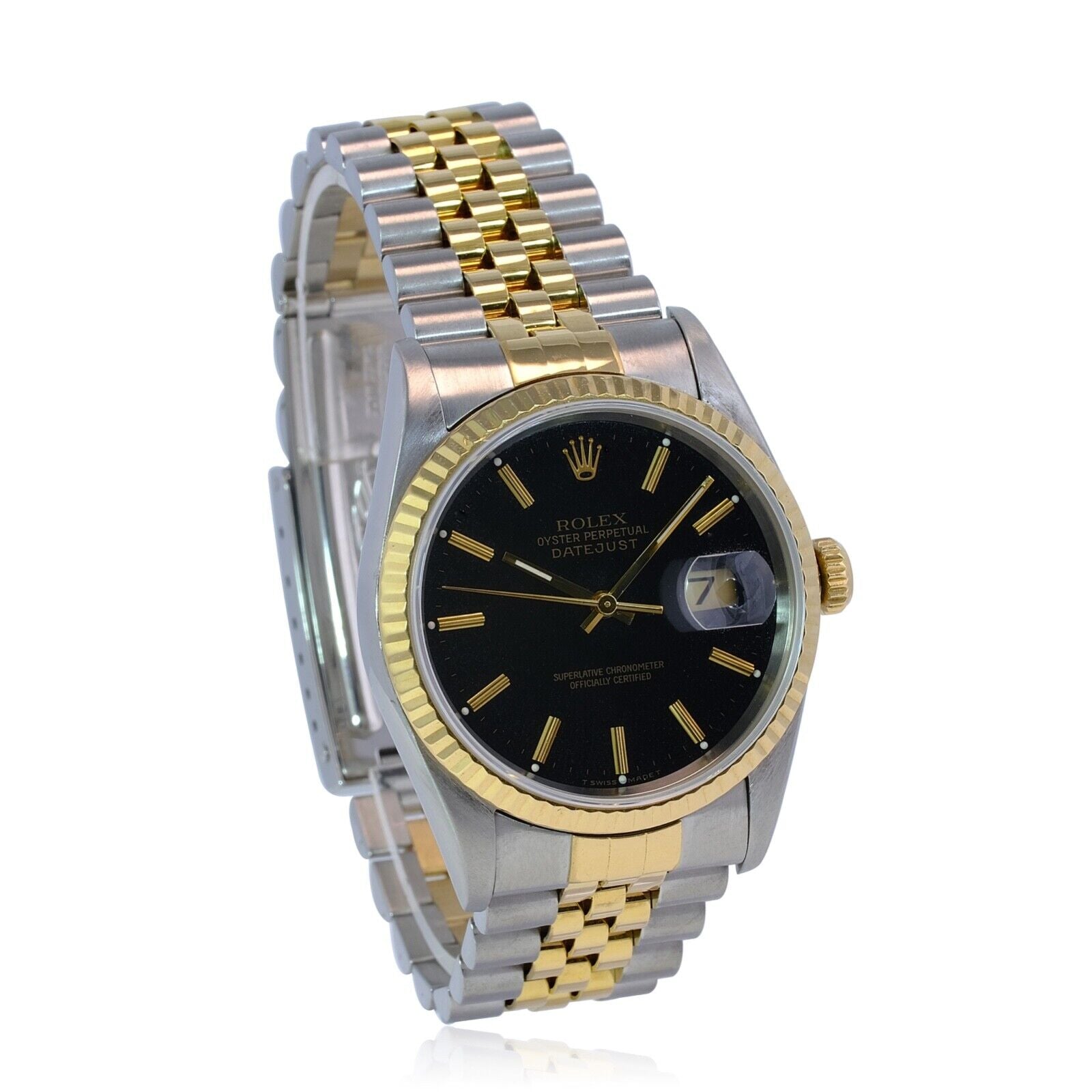 ROLEX DATEJUST BLACK INDEX DIAL 18KY & STEEL JUBILEE 16233 BOX&PAPER - Luxuriant Concierge