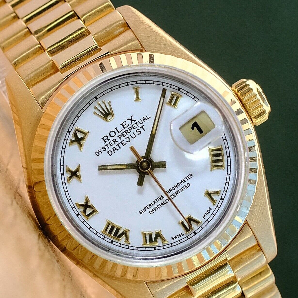 ROLEX DATEJUST WHITE ROMAN DIAL 18K YELLOW GOLD PRESIDENT 69178 BOX&PAPER - Luxuriant Concierge