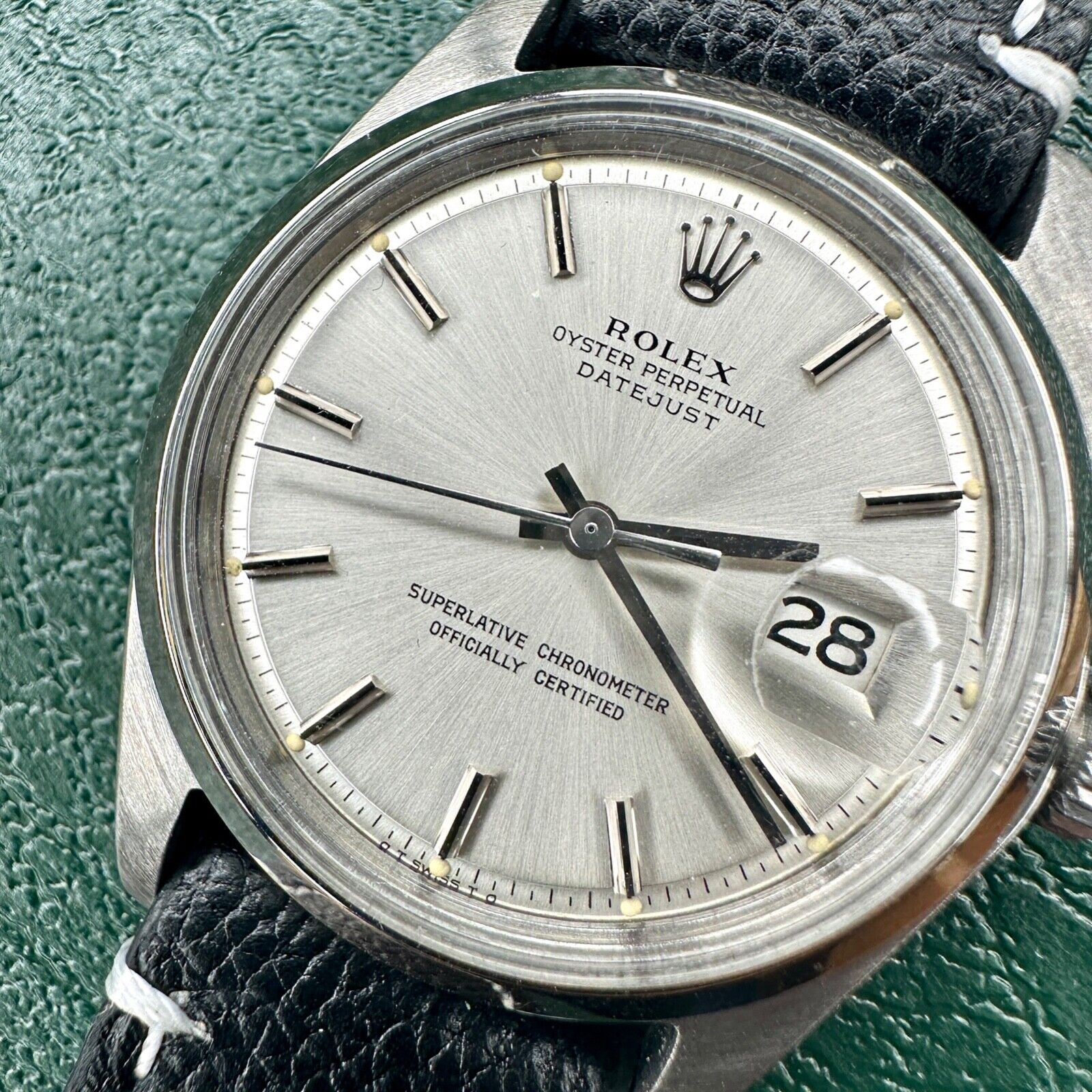 ROLEX DATEJUST SILVER "SIGMA" INDEX DIAL BLACK LEATHER WATCH 1601 - Luxuriant Concierge