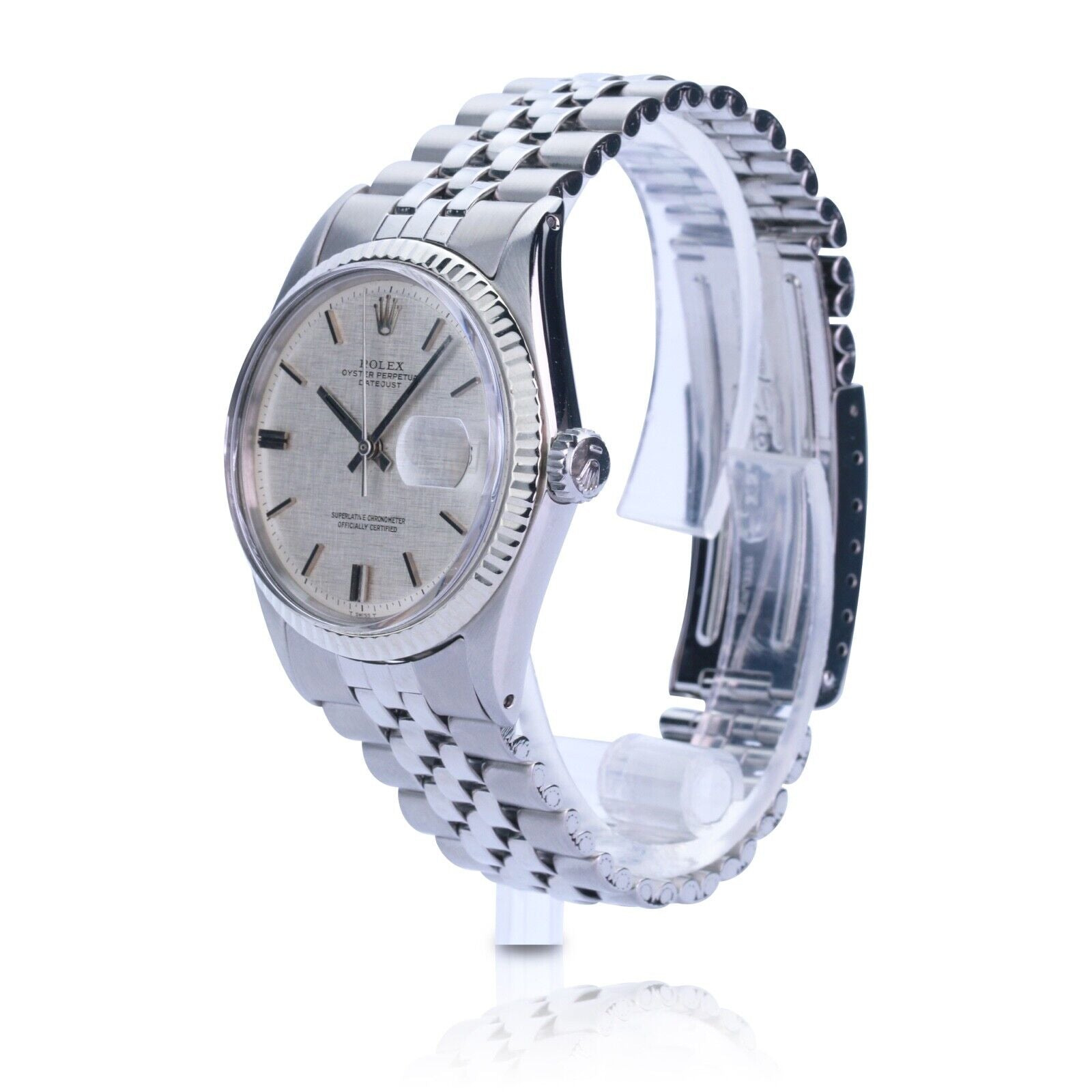 ROLEX DATEJUST SILVER LINEN INDEX DIAL STEEL JUBILEE WATCH 1601 - Luxuriant Concierge