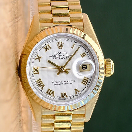 ROLEX DATEJUST CREAM PYRAMID ROMAN DIAL 18K YELLOW GOLD PRESIDENT 69178 - Luxuriant Concierge