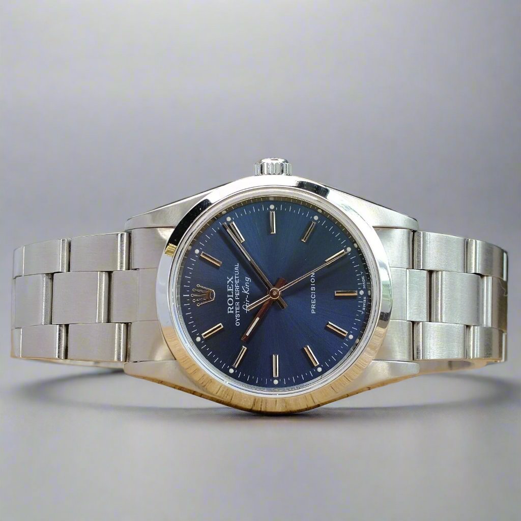 ROLEX MENS AIR-KING WATCH 14000 STAINLESS STEEL BLUE DIAL DOMED 34MM - Luxuriant Watch Concierge