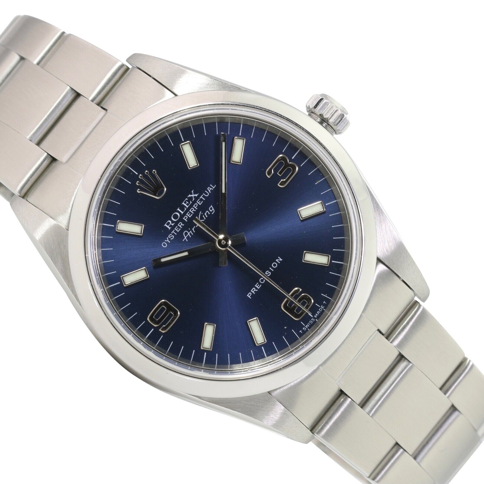 ROLEX AIR-KING BLUE ARABIC-INDEX OYSTER BAND 14000 W/ BOX & PAPER - Luxuriant Watch Concierge