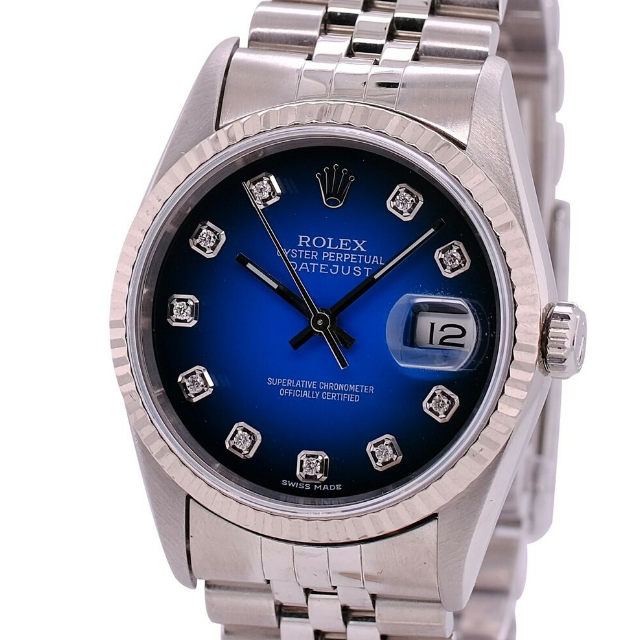 ROLEX DATEJUST RARE BLUE VIGNETTE DIAMOND DIAL JUBILEE 16220 BOX&PAPER - Luxuriant Concierge