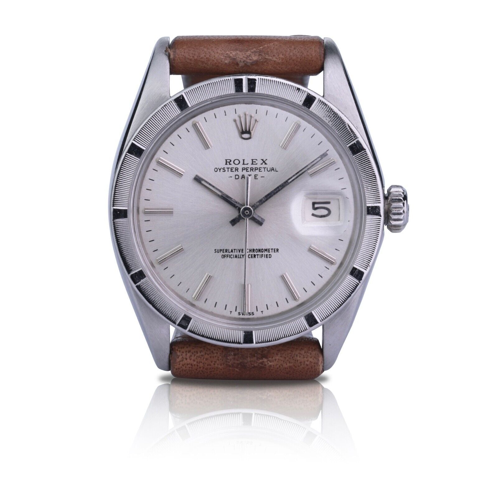 ROLEX DATE SILVER INDEX BROWN LEATHER BAND 1500 - Luxuriant Watch Concierge