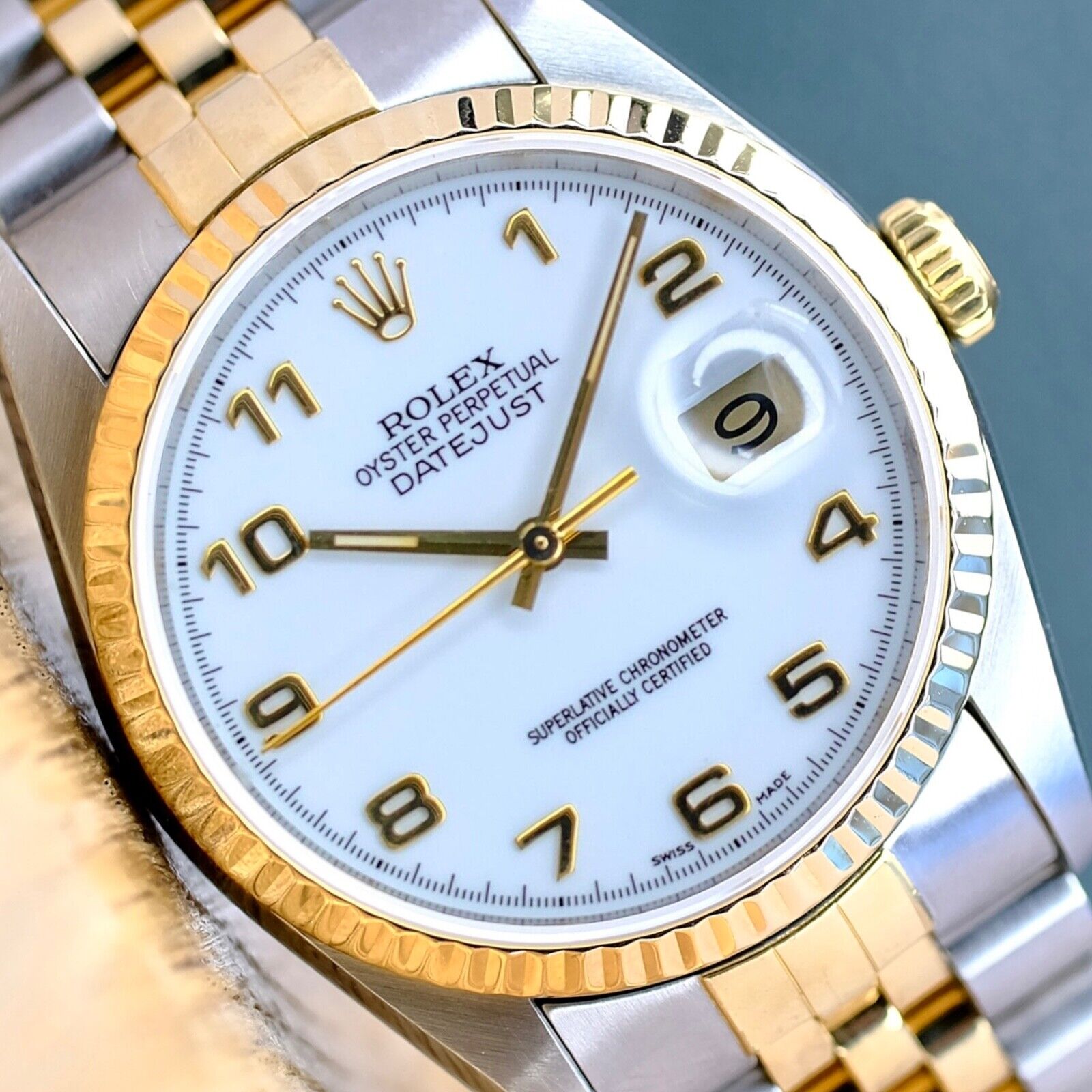 ROLEX DATEJUST WHITE ARABIC DIAL 18K GOLD & STEEL JUBILEE 16233 BOX&PAPER - Luxuriant Concierge