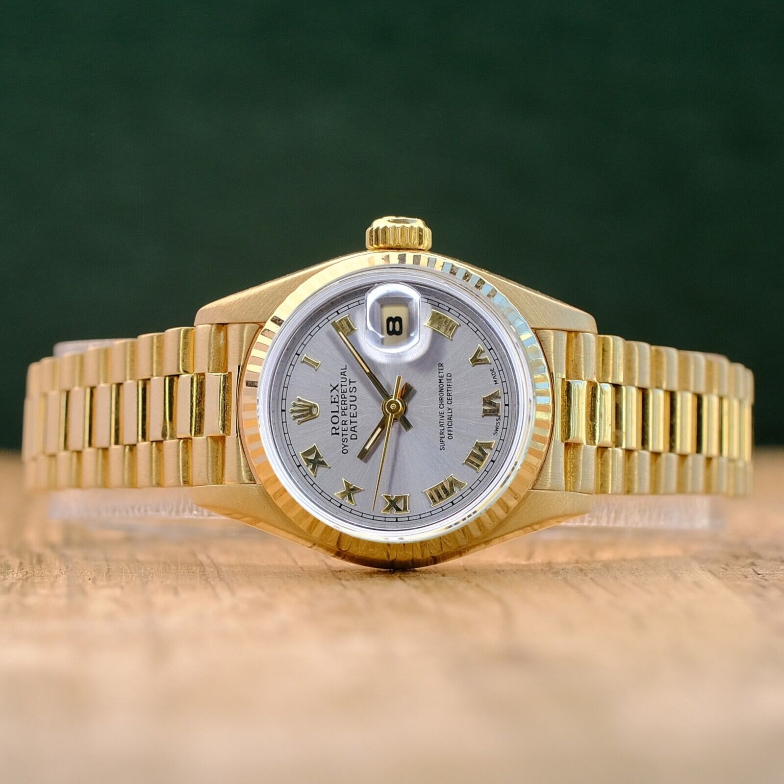 ROLEX DATEJUST GRAY ROMAN DIAL 18K YELLOW GOLD PRESIDENT 69178 BOX&PAPER - Luxuriant Concierge