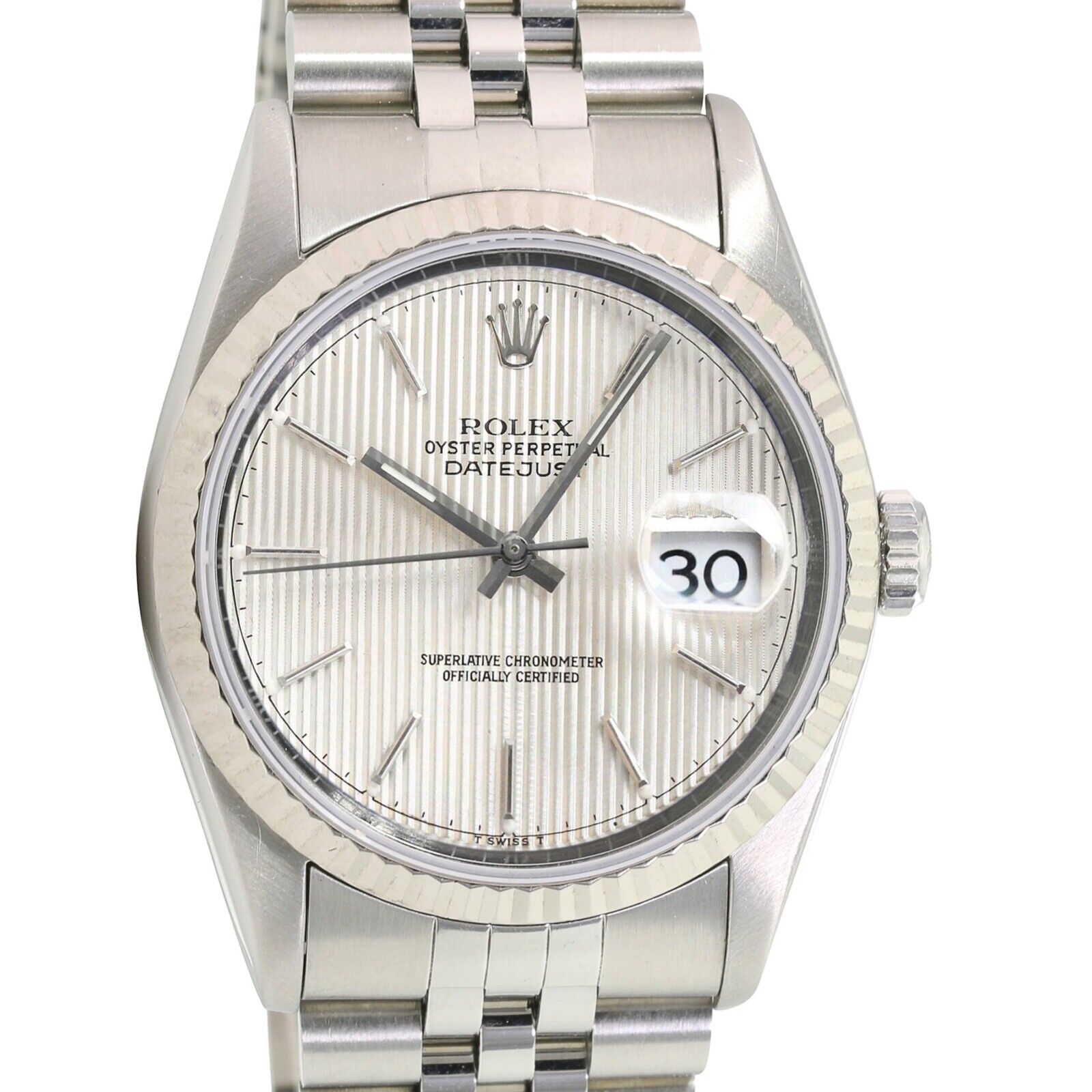 ROLEX DATEJUST SILVER TAPESTRY INDEX DIAL STEEL JUBILEE WATCH 16014 - Luxuriant Concierge