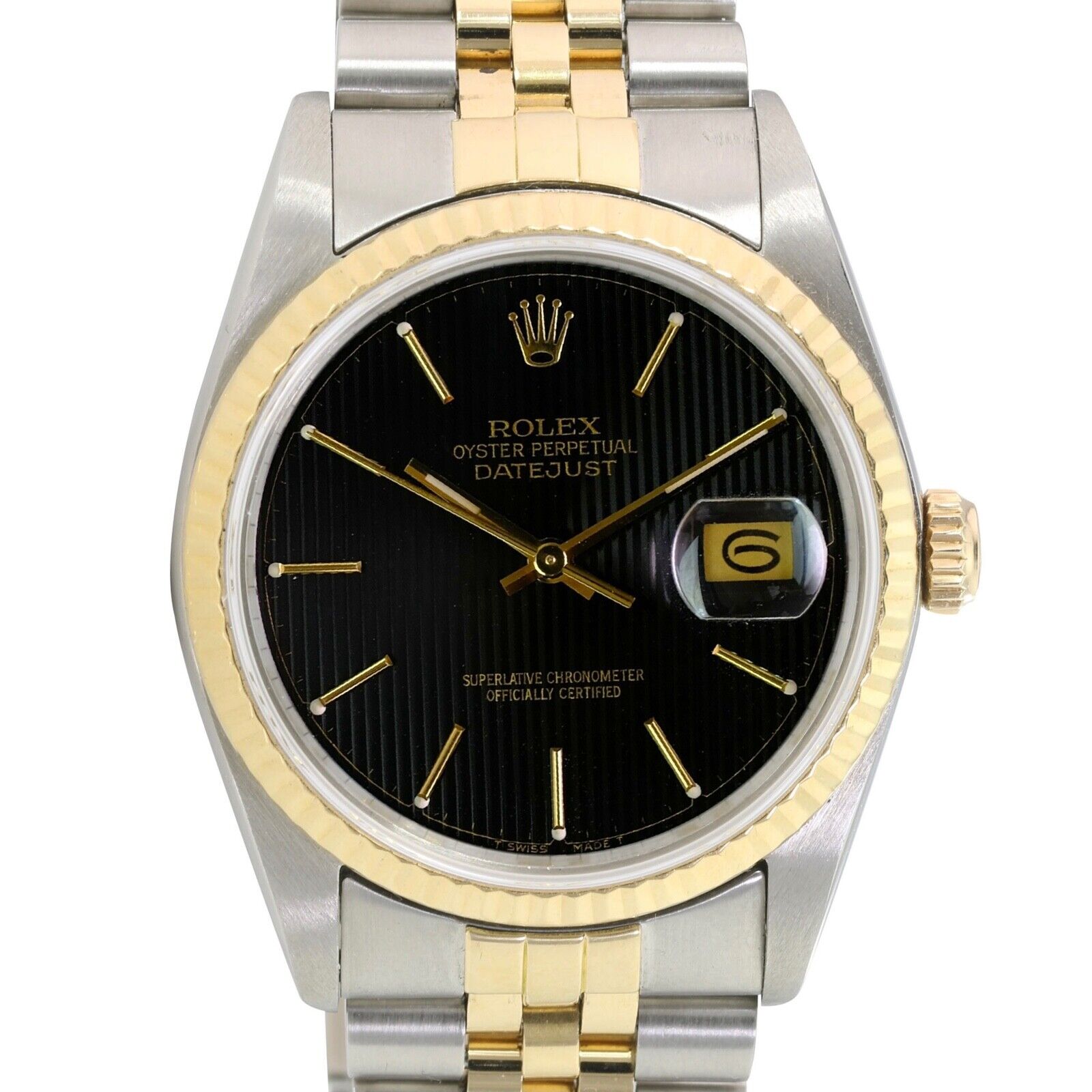 ROLEX DATEJUST BLACK TAPESTRY INDEX DIAL 18K GOLD & STEEL JUBILEE 16233 - Luxuriant Concierge