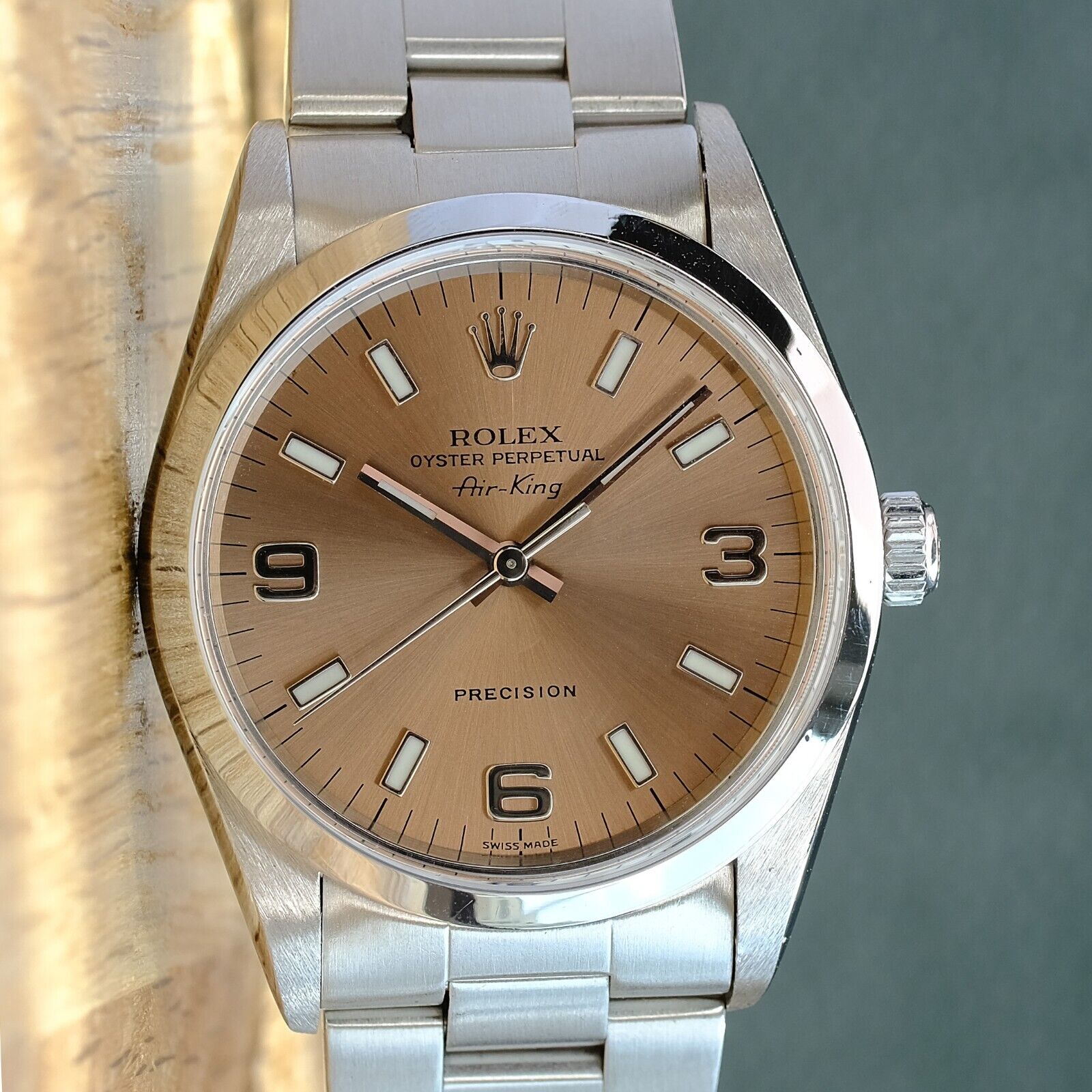 ROLEX AIR-KING SALMON ARABIC-INDEX OYSTER BAND 14000 W/ BOX & PAPER - Luxuriant Watch Concierge