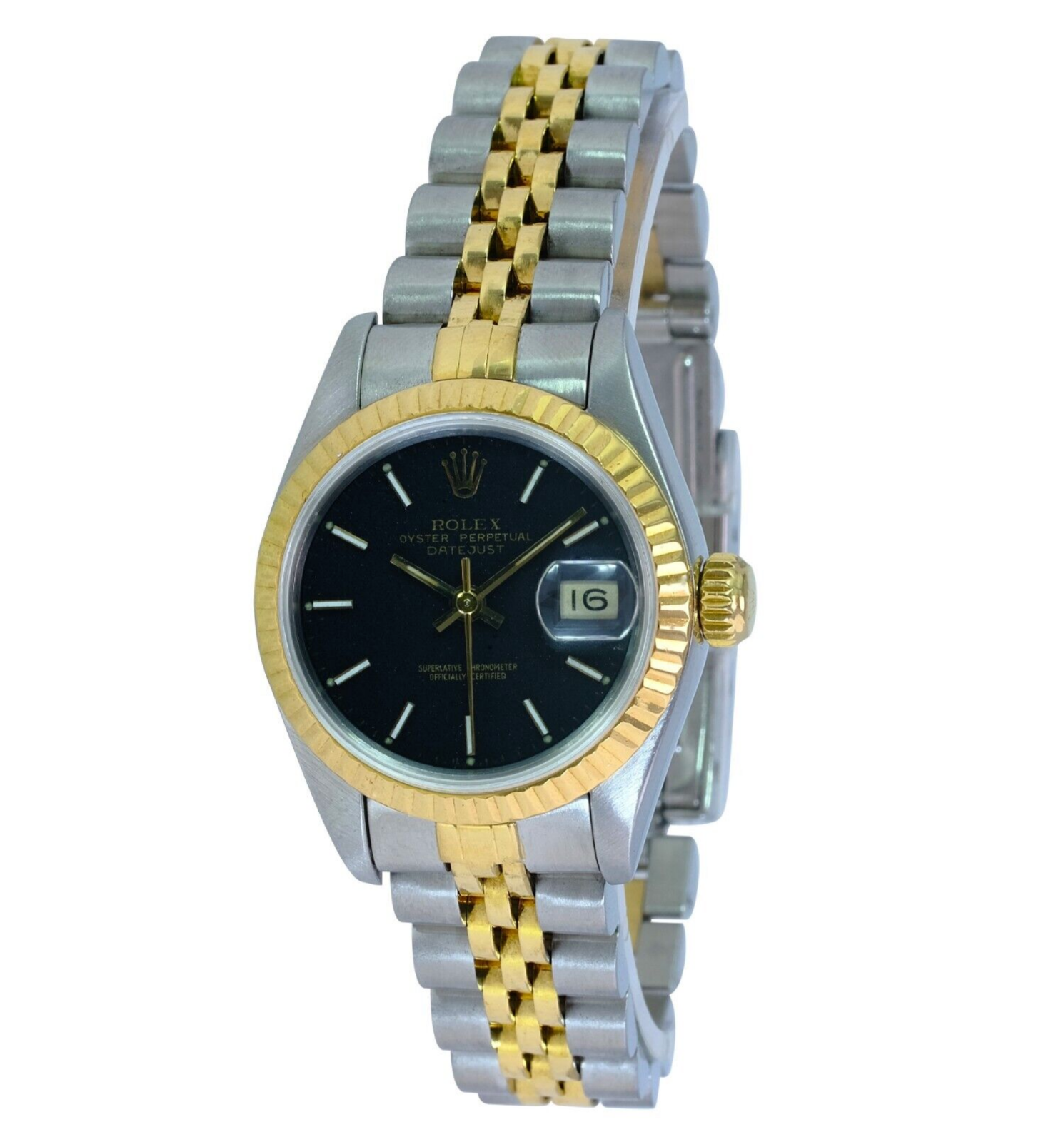 Rolex Lady Datejust Black Dial 18KY Fluted Bezel 26mm Watch W/ Box & Papers - luxuriantconcierge