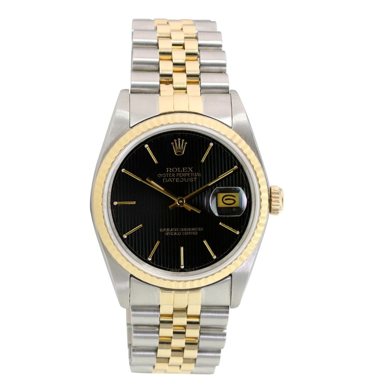 ROLEX DATEJUST BLACK TAPESTRY INDEX DIAL 18K GOLD & STEEL JUBILEE 16233 - Luxuriant Concierge