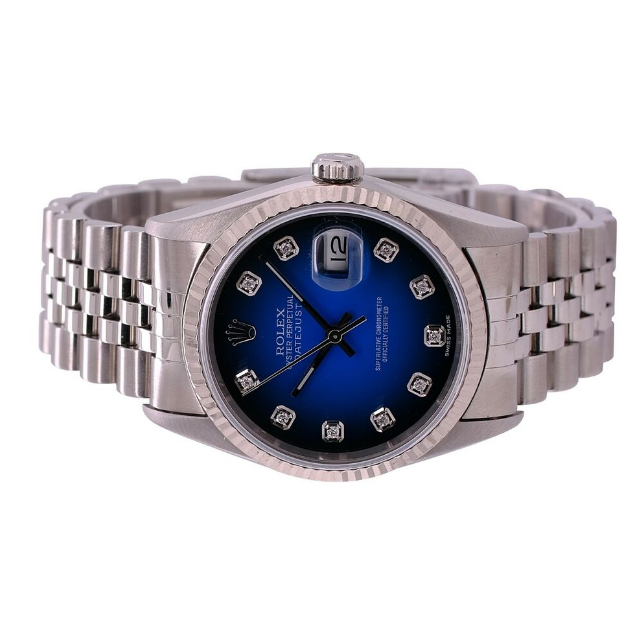 ROLEX DATEJUST RARE BLUE VIGNETTE DIAMOND DIAL JUBILEE 16220 BOX&PAPER - Luxuriant Concierge