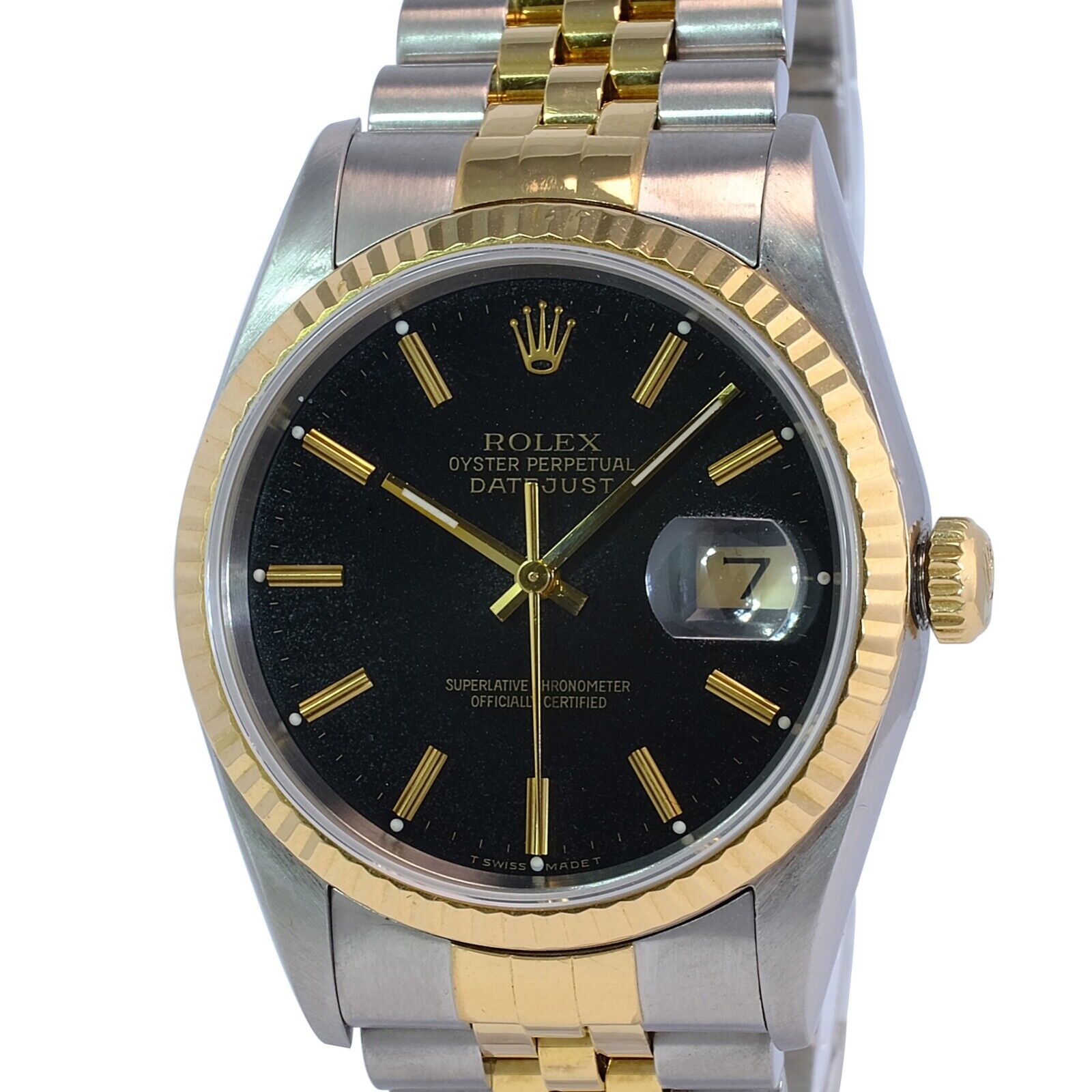 ROLEX DATEJUST BLACK INDEX DIAL 18KY & STEEL JUBILEE 16233 BOX&PAPER - Luxuriant Concierge