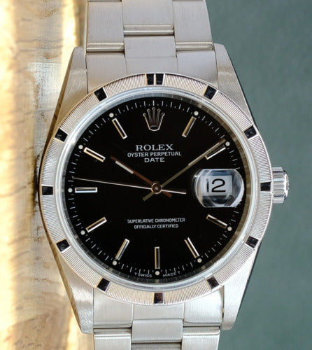 ROLEX DATE BLAROLEX DATEJUSTK INDEX DIAL STEEL OYSTER WATCH 15210 - Luxuriant Concierge