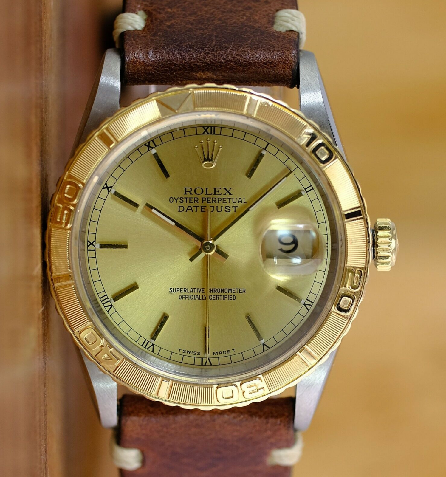 ROLEX DATEJUST CHAMPAGNE INDEX DIAL BROWN LEATHER 16263 - Luxuriant Concierge